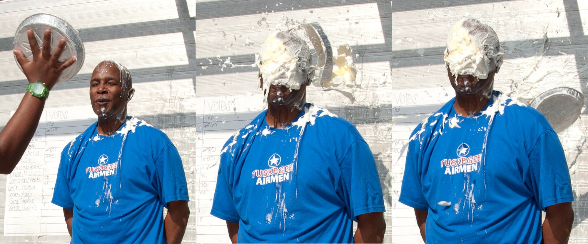 Senior Master Sgt. Marshall Harris, C-130J Aerospace Maintenance superintendent, winces before rec eiving the second of two pies in the face during the 403rd Wing's Family Day event May 5. (U.S. Air Force photo illustration by Maj. Heather Newcomb)