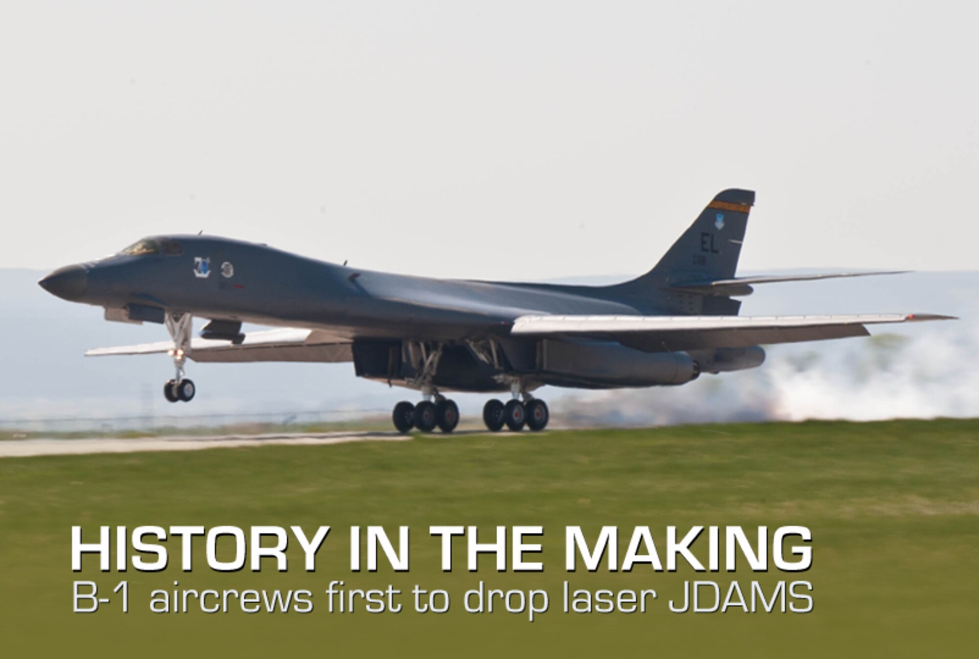 A B-1 Lancer touches down May 15, 2012, at Ellsworth Air Force Base, S.D., after completing a successful mission as part of a Combat Hammer exercise over the Utah Test and Training Range. For the first time in history, B-1s employed GBU-54 Laser Joint Direct Attack Munitions against moving targets during the Air Force’s air to ground Weapon System Evaluation Program known as Combat Hammer. (U.S. Air Force photo/Airman 1st Class Zachary Hada)