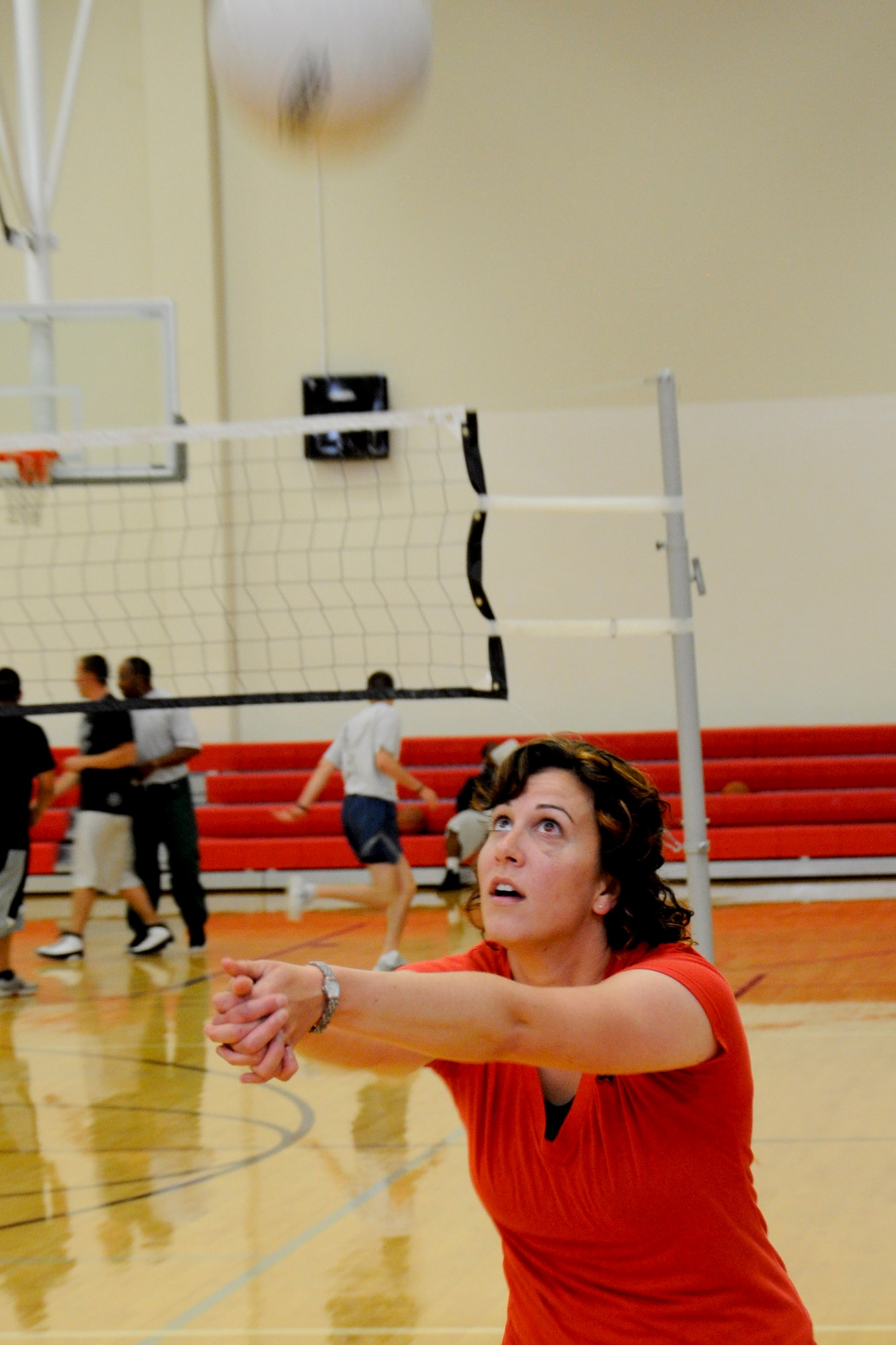 VANDENBERG AIR FORCE BASE, Calif. -- Senior Airmen Jennifer Theurer, 30th Space Wing chaplain assistant, practices her game at the fitness center here Wednesday, May 16, 2012. Theurer recently heard she was selected to attend the 2012 All-Air Force Women’s Volleyball Trial Camp June 3-20 at Hill Air Force Base, Utah. (U.S. Air Force photo/ Staff Sgt. Levi Riendeau)