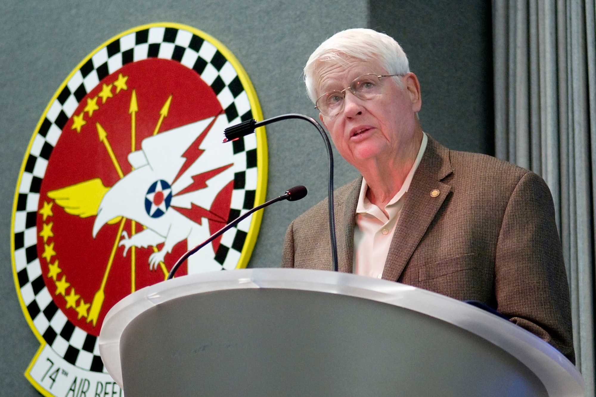 GRISSOM AIR RESERVE BASE, Ind. -- Retired Maj. Gen. Robert Nester recounts the life and service of Col. Marvin Evens, a 930th Medical Group commander and A-10 pilot, during a special street naming ceremony held here in Gus Grissom Hall May 14. Evens lost his life when his A-10 crashed during a training mission near Grissom. (U.S. Air Force photo/Tech. Sgt. Mark R. W. Orders-Woempner)
