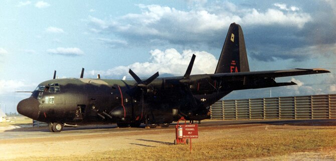AC-130A at Ubon Royal Thai Air Force Base in the spring of 1969. It is armed with four 20mm cannons and four 7.62mm miniguns. (U.S. Air Force photo)
