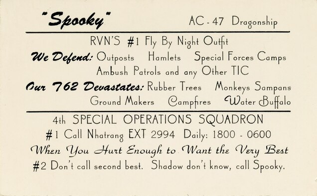 Enlargement of “business card” carried by AC-47 crewmen. (U.S. Air Force photo)