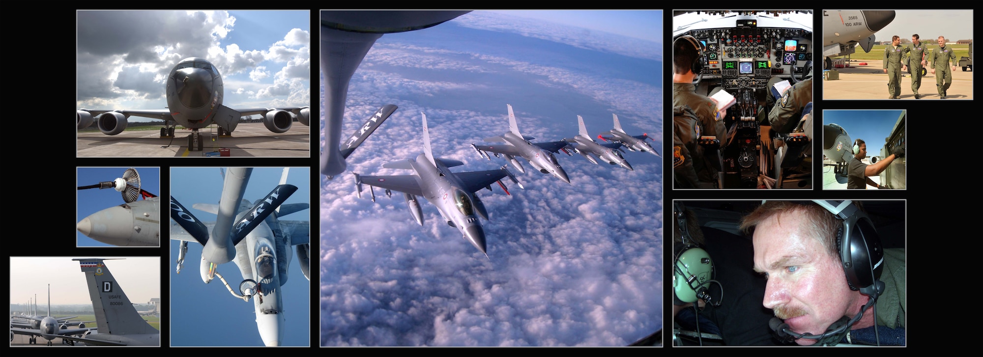 RAF MILDENHALL, England – The 100th Air Refueling Wing conducts air refueling and combat support operations throughout Europe and Africa with 15 assigned KC-135 Stratotankers. The wing refuels U.S. and partner nation aircraft over the span of 20 million miles. In the air, two pilots and one boom operator make up the typical KC-135 crew, but on the ground, hundreds of Airmen support the mission. The wing is divided into the 100th Operations Group, 100th Maintenance Group, 100th Mission Support Group and Wing Staff Agencies, and supports more than 10,000 military, civilian, dependent and retiree personnel, including U.S. Air Forces in Europe/U.K., and four associated partner units. (U.S. Air Force photo illustration/Master Sgt. Kevin Wallace) 