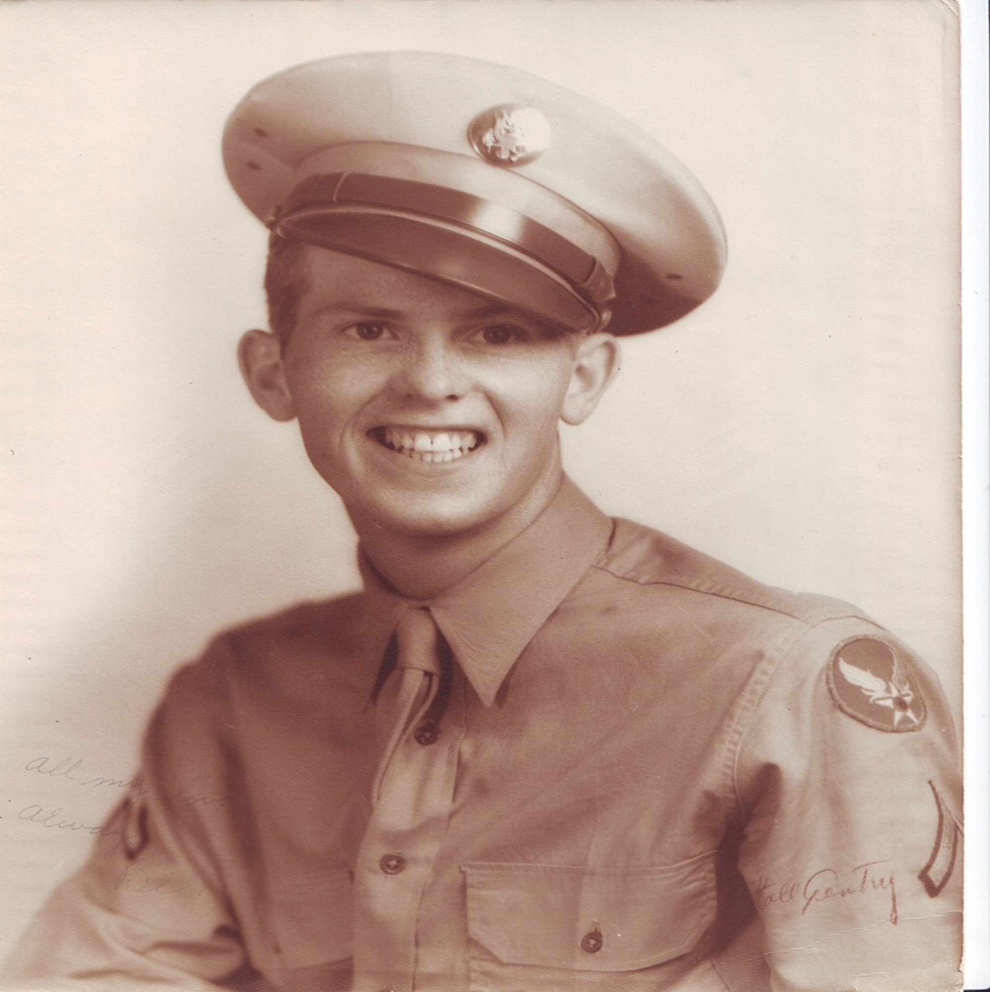 A historic photograph of Staff Sgt. (then Pvt.) Merl W. Skinner, 301st Squadron, U.S. Army Air Forces, in his service uniform. Skinner, a C-47 Skytrain crewchief, died while air evacuating World War II patients to Prestwick, Scotland, and is buried at Madingley American Cemetery in Cambridge, England. (Courtesy photo)
