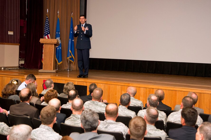 HANSCOM AIR FORCE BASE, Mass. - Lt. Gen. C.D. Moore II, Air Force Materiel Command vice commander, speaks to members of the Electronic Systems Center workforce during a town hall meeting May 15 at the base theater. Moore highlighted changes, including the appointment of Col. Mark Spillman to ESC commander, and the upcoming transition to the Air Force Life Cycle Management Center. (U.S. Air Force photo by Mark Wyatt)