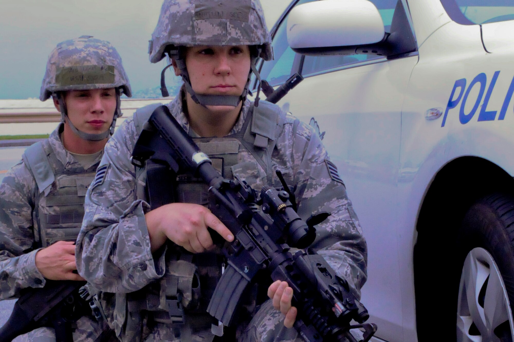 Members of the 18th Security Forces Squadron post 360 degree security for an active shooter scenario during local operational readiness exercise Beverly High 12-4 on Kadena Air Base, Japan, May 16, 2012. Training during LOREs tests the knowledge, response time and hands-on skills of those involved in each scenario to prepare them for real-world contingencies. (U.S. Air Force photo/Airman Tara A. Williamson)
