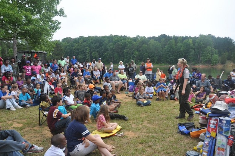 CALHOUN FALLS, S.C. — Erin Parnell, U.S. Army Corps of Engineers park ranger, gives a water safety presentation at the 24th Annual Kid's Fishing Derby at Richard B. Russell Lake, May 12, 2012.