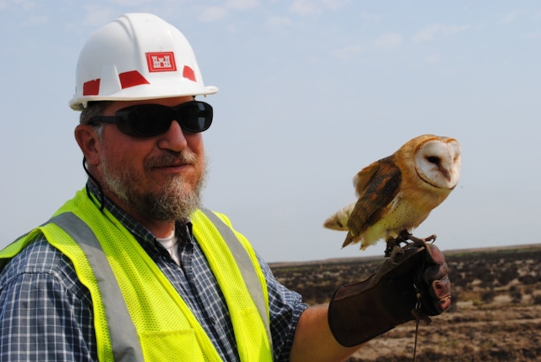 HOUSTON (April 14, 2011) - Al Meyer, a project engineer with the U.S. Army Corps of Engineers Galveston District, holds a European Barn Owl during a visit to a dredge placement area in the Houston Ship Channel to review the bird abatement program which began March 6. The barn owl is one of nearly a dozen birds used in this innovative and environmentally sensitive effort to temporarily deter migratory birds from nesting in the project site until the construction phase concludes this summer. Meyer serves as the lead engineer in charge of the Houston Galveston Navigation Channel Multiple Site Repairs.