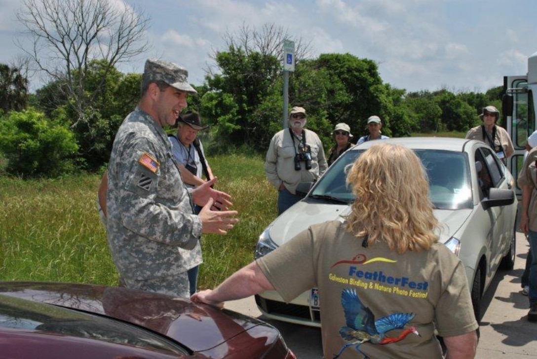 GALVESTON, Texas (April 12, 2012) - U.S. Army Corps of Engineers Galveston District's Commanding Officer Col. Christopher Sallese welcome participants to the Corps Woods, part of a beneficial use site, during the 10th Annual FeatherFest event. Bird watching enthusiasts from around the nation visited the site as one the highlights of the three-day event. Read the full story at http://www.dvidshub.net/news/86669/usace-galveston-districts-beneficial-use-site-provides-shelter-weary-fliers.
