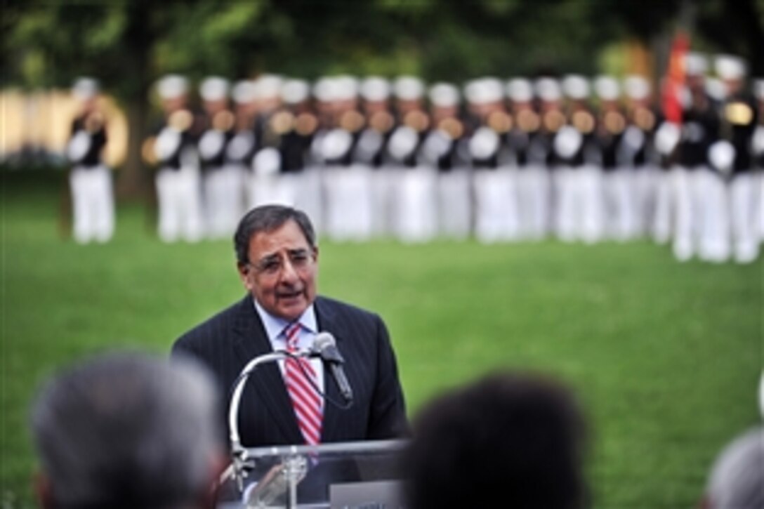 Defense Secretary Leon E. Panetta delivers remarks during the observance of the Marine Corps Aviation Centennial in Arlington, Va., May 16, 2012.