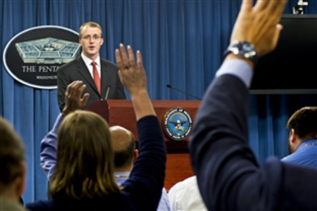 George E. Little, acting assistant secretary of defense for public affairs, briefs the press on a range of issues, including a meeting between U.S. Defense Secertary Leon E. Panetta and Israeli Defense Minister Ehud Barak, at the Pentagon, May 17, 2012. Little also answered questions on Panetta's upcoming trip to Chicago for the NATO summit.