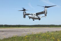 Marines with Marine Medium Tiltrotor Training Squadron 204 land an MV-22B Osprey during flight training, May 3. VMMT-204 is responsible for training all Marine MV-22B Osprey pilots and crew chiefs. During this flight, the instructors guided the students through multiple scenarios including aerial maneuvers and confined area landings. 