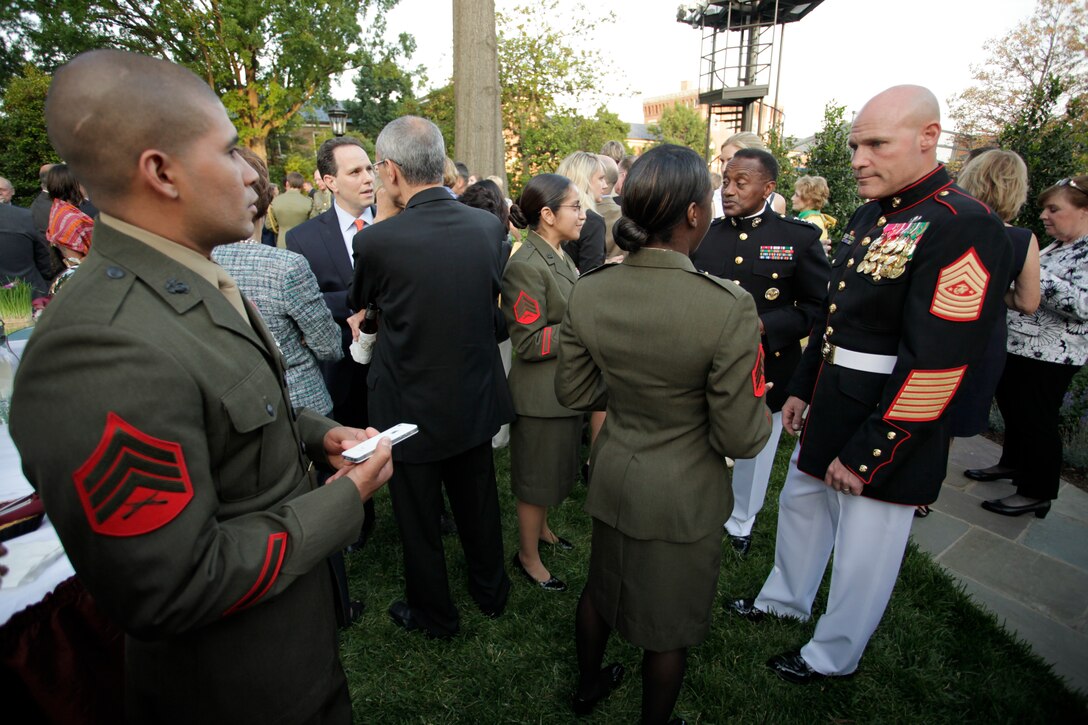 Joe Blick, a Navy Cross recipient and active member of the Marine Corps League, conducts the installation for the Onslow County Detachment’s commandant during a ceremony in Jacksonville, N.C., May 17, 2012.  The first female commandant of the local detachment was appointed in the presence of friends, veterans and fellow league members.  (U.S. Marine Corps photo by Cpl. Katherine M. Solano)