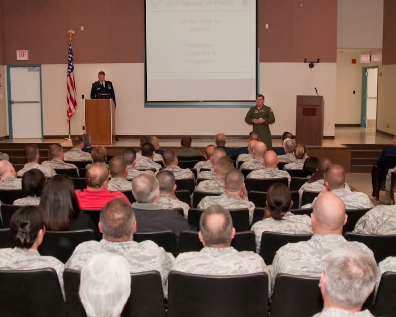 Col. Steven Legrand, Compliance Inspection Team Chief, briefs members of the 146th Airlift Wing May 18, 2012. The 146th Airlift Wing is holding their long-anticipated Compliance Inspection throughout the weekend. (U.S. Air Force photo by: Senior Airman Nicholas Carzis) (U.S. Air Force Photo by: Senior Airman Nicholas Carzis)