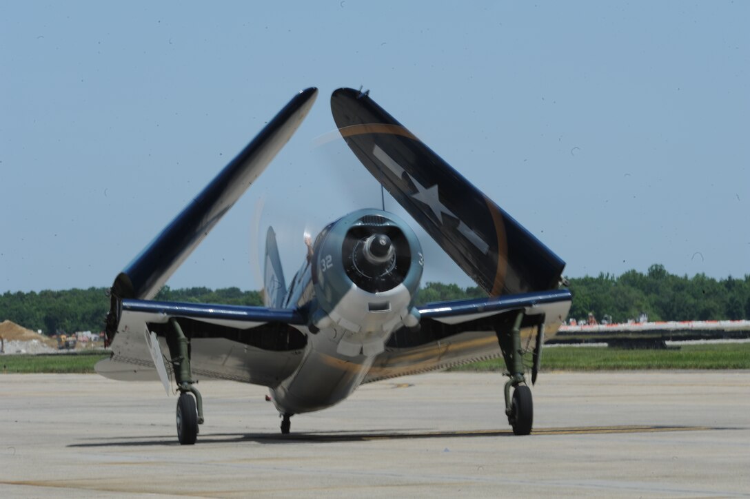 A U.S. Navy SB2C Helldiver, one of 7,000 built but the only one still flying in the world at Joint Base Andrews, May 18. This year’s Joint Service Open House (JSOH) celebrates the Centennial of Marine Corps Aviation. JSOH affords the public an opportunity to meet the men and women of the Armed Forces while seeing over 100 static displays and 19 aerial demonstration teams. (U.S. Air Force photo/Airman 1st Class Aaron Stout)