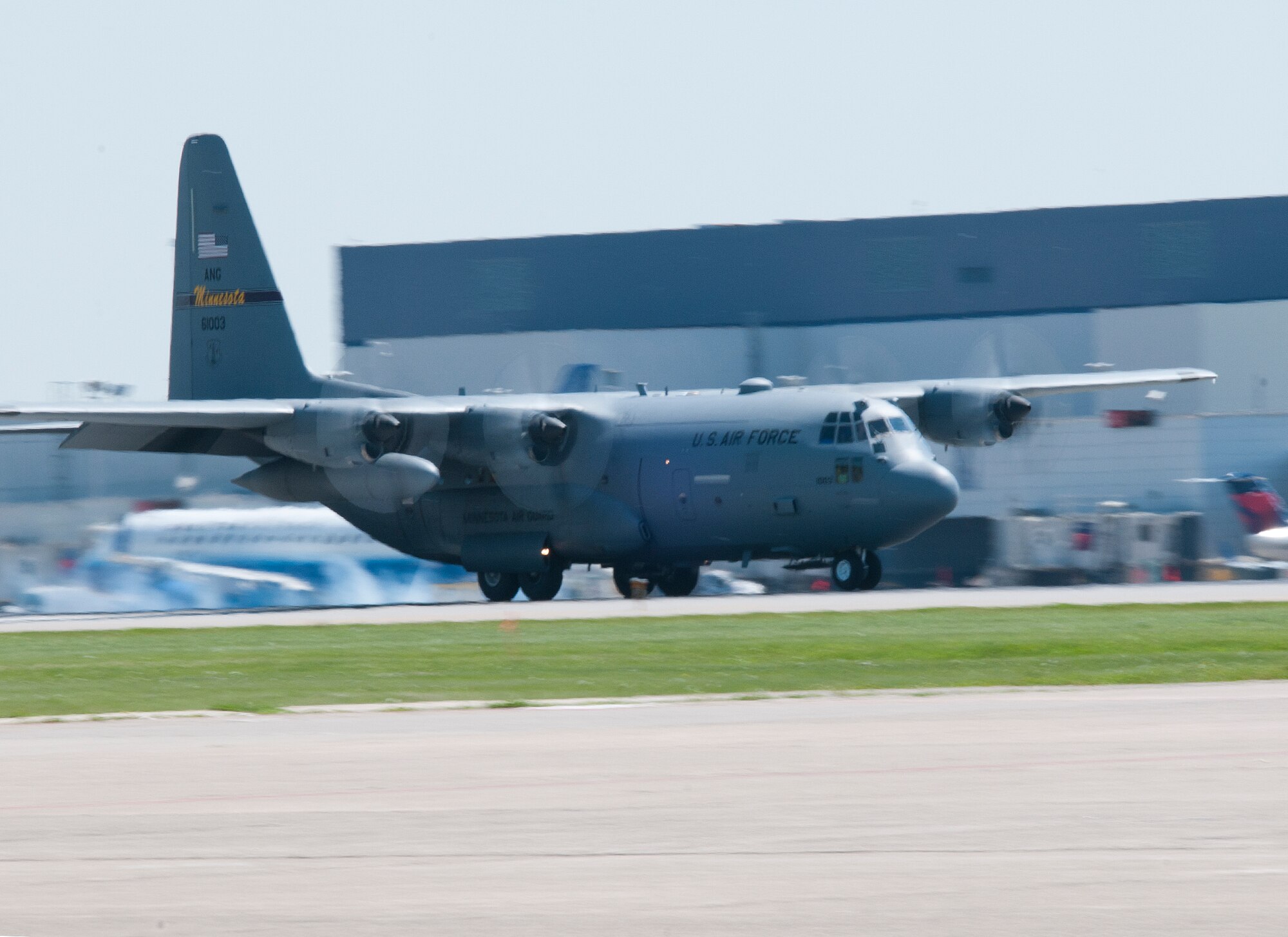 A Minnesota Air National Guard C-130 lands at the Minneapolis- St. Paul International Airport on May 16, 2012, returning from a deployment to Southwest Asia. USAF official photo by Senior Master Sgt. Mark Moss