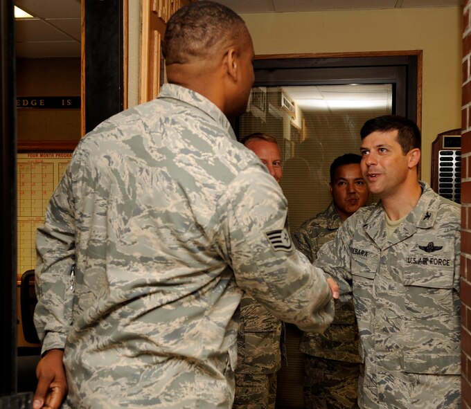 Col. Andrew Gebara, 2nd Bomb Wing commander, meets and greets Airmen from the 2nd Logistics Readiness Squadron Fuels Management Flight on Barksdale Air Force Base, La., May 18. Gebara visited various squadrons on base to learn more about the Airmen and their mission. (U.S. Air Force photo/Airman 1st Class Joseph A. Pagán Jr.)(RELEASED)