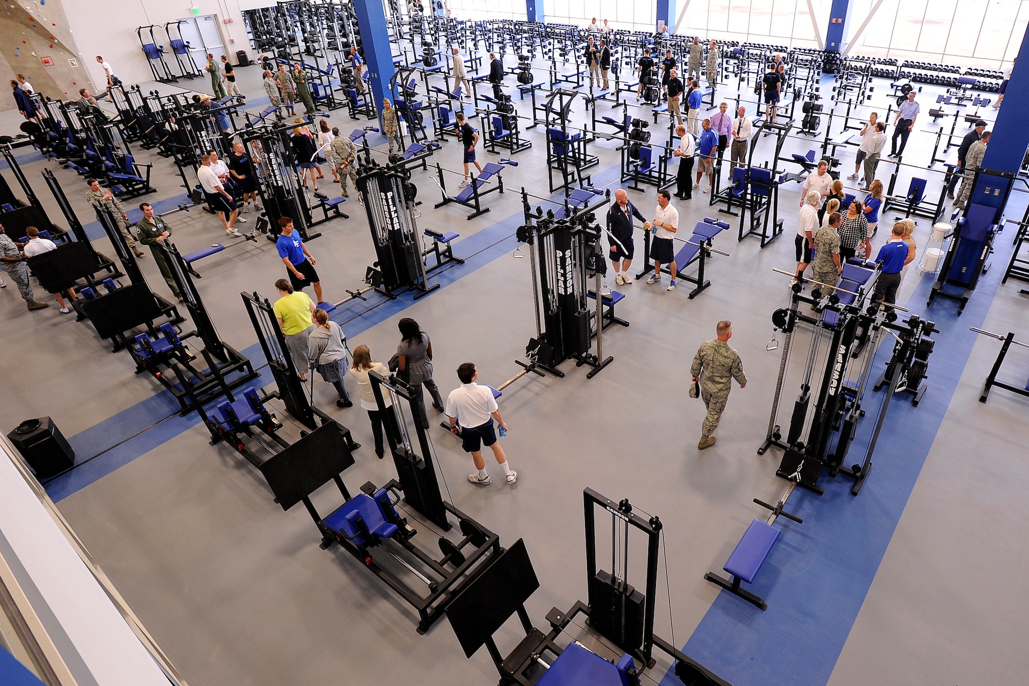 The new Cadet Fitness Center includes state-of-the-art fitness equipment and a weight room. The center is designed for energy efficiency and even includes cardio equipment powered by user-generated energy. (U.S. Air Force Photo/Mike Kaplan)