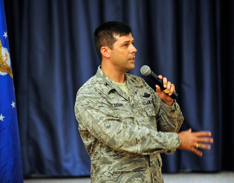 Col. Andrew Gebara, 2nd Bomb Wing commander, speaks during the master sergeant selection party on Barksdale Air Force Base, La., May 17. The event was held to congratulate the technical sergeants who were notified of their selection for promotion earlier that morning. (U.S. Air Force photo/Staff Sgt. Chad Warren)(RELEASED)