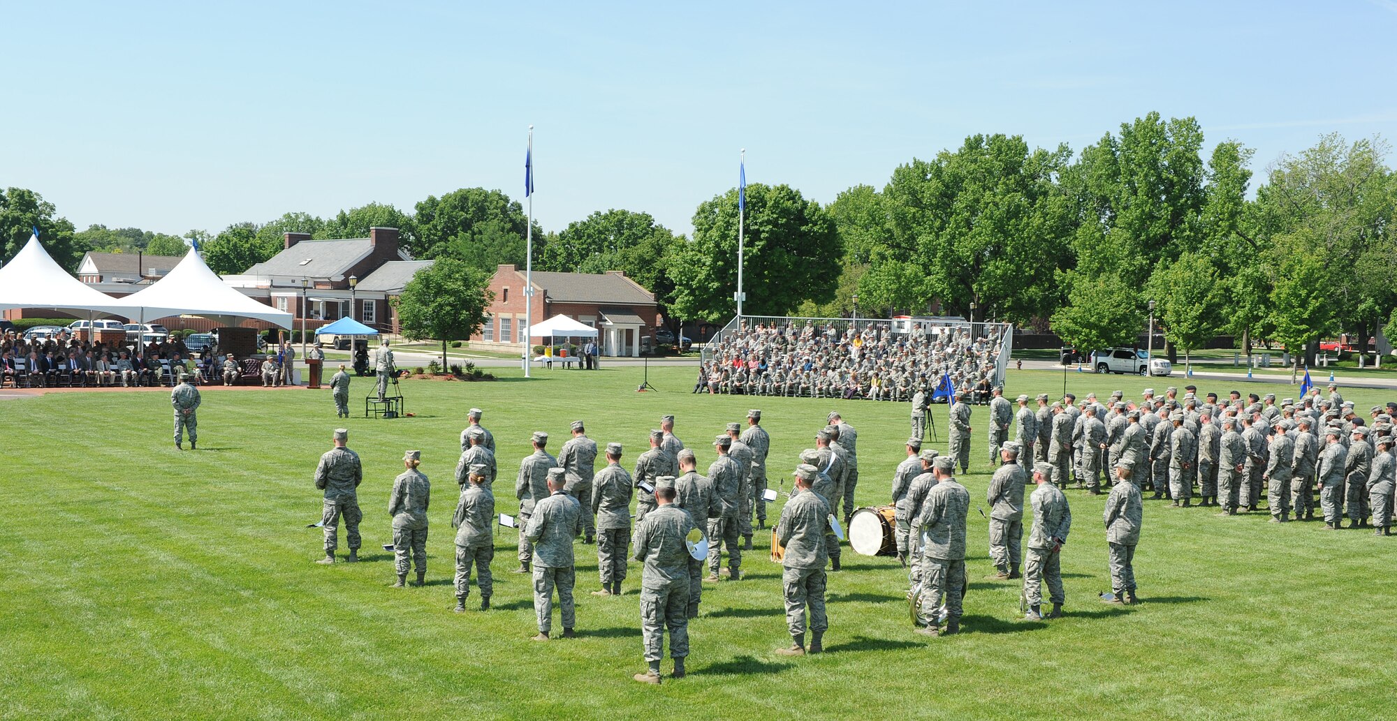 Col. Michael Hornitschek, former 375th Air Mobility Wing commander, gives his speech during the 375th AMW change of command ceremony May 18 at Scott Air Force Base, Ill. The wing provides aeromedical and operational support airlift for high priority passengers and cargo with a fleet of 18 C-21A aircraft, and also provides medical care and support for Team Scott. (U.S. Air Force photo/Airman 1st Class Kristina Lynch)
