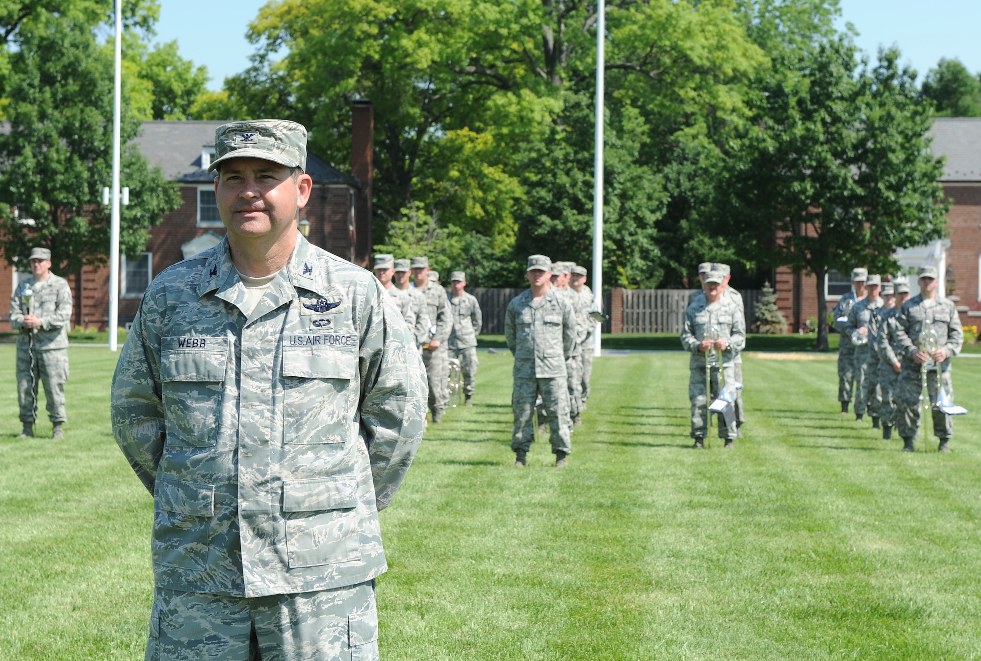 Col. Kevin Webb, 375th Air Mobility Wing vice commander, serves as the commander of troops during the 375th Air Mobility Wing change of command ceremony May 18 at Scott Air Force Base, Ill. The 375th AMW enables combat power by providing showcase support to the missions of the United States Transportation Command, Air Mobility Command, and the Eighteenth Air Force. (U.S. Air Force photo/Airman 1st Class Kristina Lynch)
