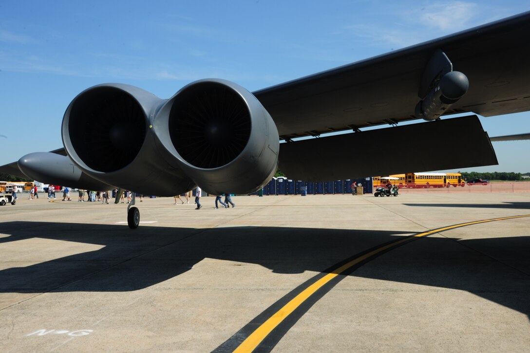 A recent modification to the B-52 Stratofortress on display is the litening pod, an advanced precision-targeting system that sits underneath the wing and is used for targeting, intelligence, reconnaissance and surveillance, here May18. This year's Joint Service Open House celebrates the Centennial of Marine Corps Aviation.  JSOH affords the public an opportunity to meet the men and women of the Armed Forces while seeing over 100 static displays and 19 aerial demonstration teams May 18-20 at Joint Base Andrews, Md.  (U.S. Air Force Photo/Senior Airman Amber Russell)