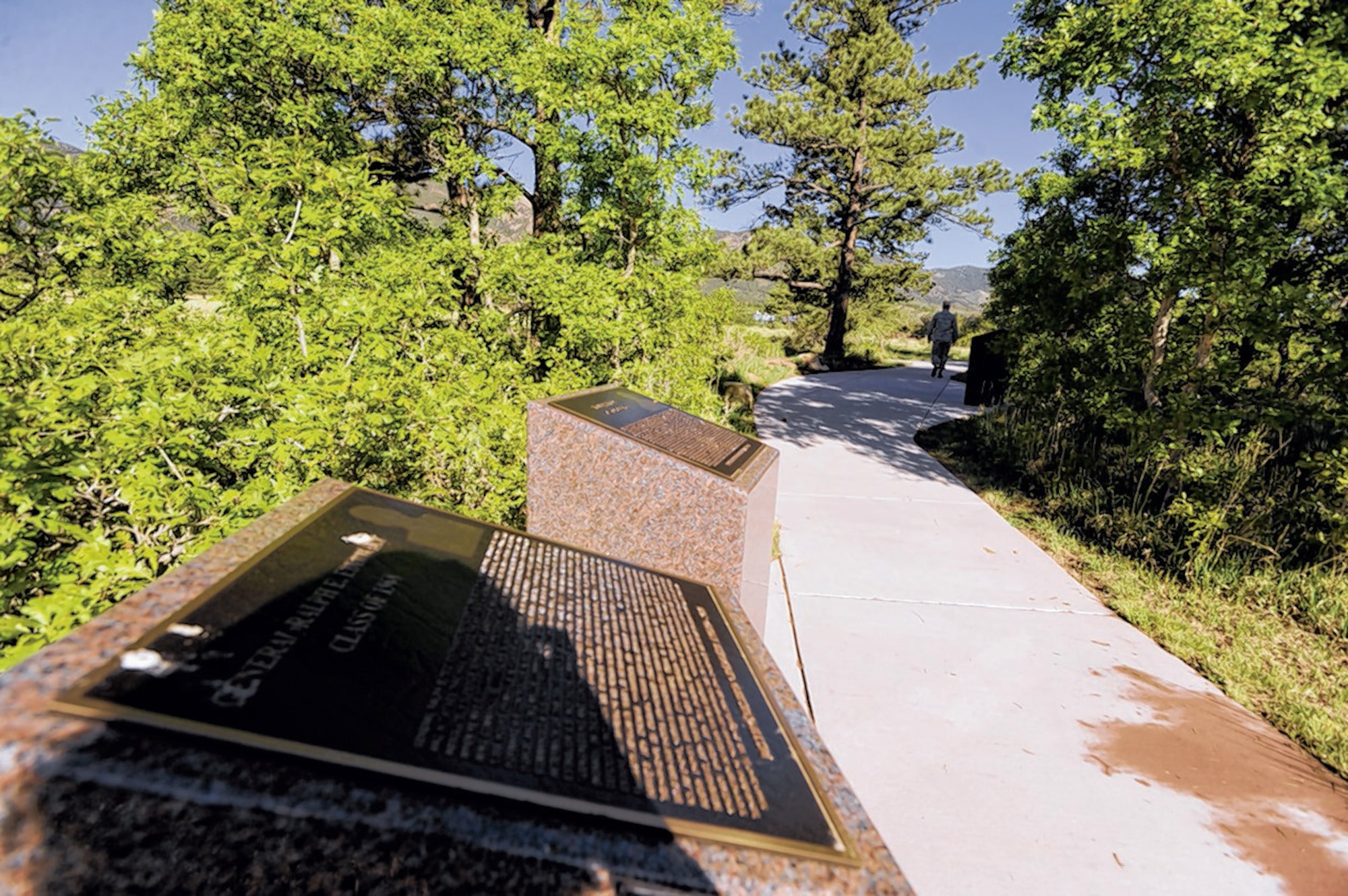 The winding looped trail outside of Doolittle Hall features 22 plaques on granite pedestals displaying graduates with outstanding military and civilian achievements.
(U.S. Air Force Photo/Carol Lawrence)