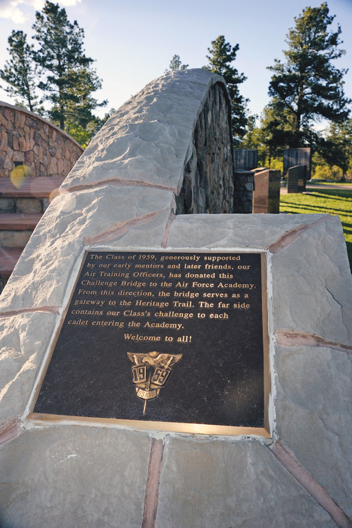 A plaque on The Challenge Bridge, from the Class of ‘59 challenges each cadet to go forward and make the graduate community proud. (U.S. Air Force Photo/Sarah Chambers)