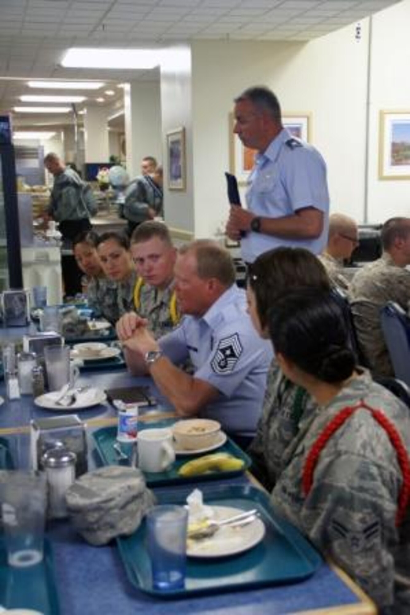 Chief Master Sgt. James Cody, Command Chief Air Education and Training Command, visited the 517th Training Group, Presidio of Monterey, Calif., and spoke with military training leaders over breakfast May 8. (U.S. Air Force Photo/Natela Cutter)

 

