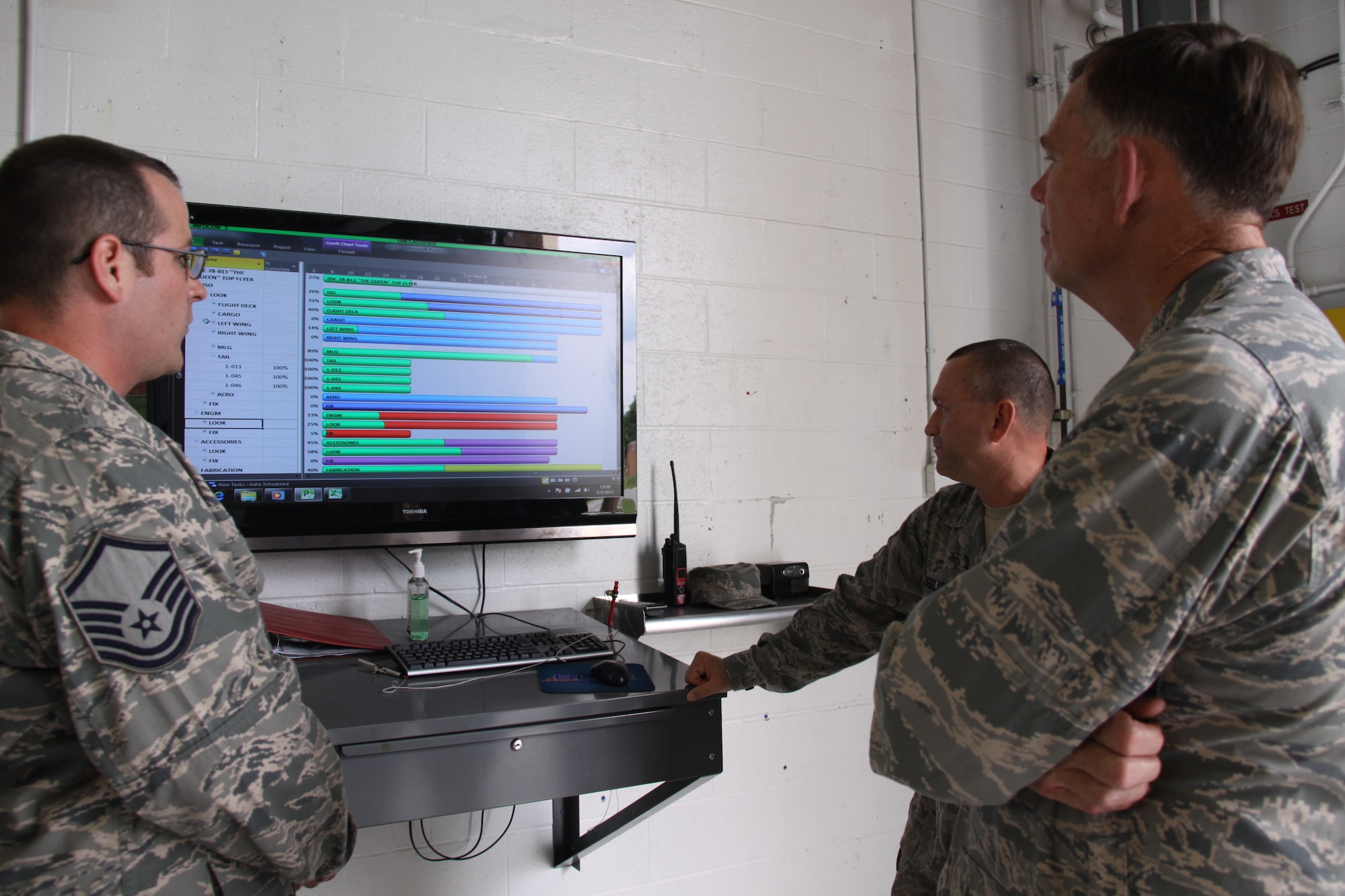 Maj. Gen. Wallace “Wade” Farris, 22nd Air Force commander, reviews the C-130 aircraft isochronal inspection process with Chief Master Sgt. Terrance Keblish, 911th Maintenance Squadron superintendent, and Master Sgt. Sam Ewing, 911th MXS flight chief, during a visit here May 5, 2012.  Since 2007, the 911th MXS ISO inspection process has saved more than 940 days of flying hour capability and $42 million in costs through their ability to decrease fly-to-fly times and provide quicker turnaround of aircraft.  (U.S. Air Force photo by Master Sgt. Mark A. Winklosky/Released)