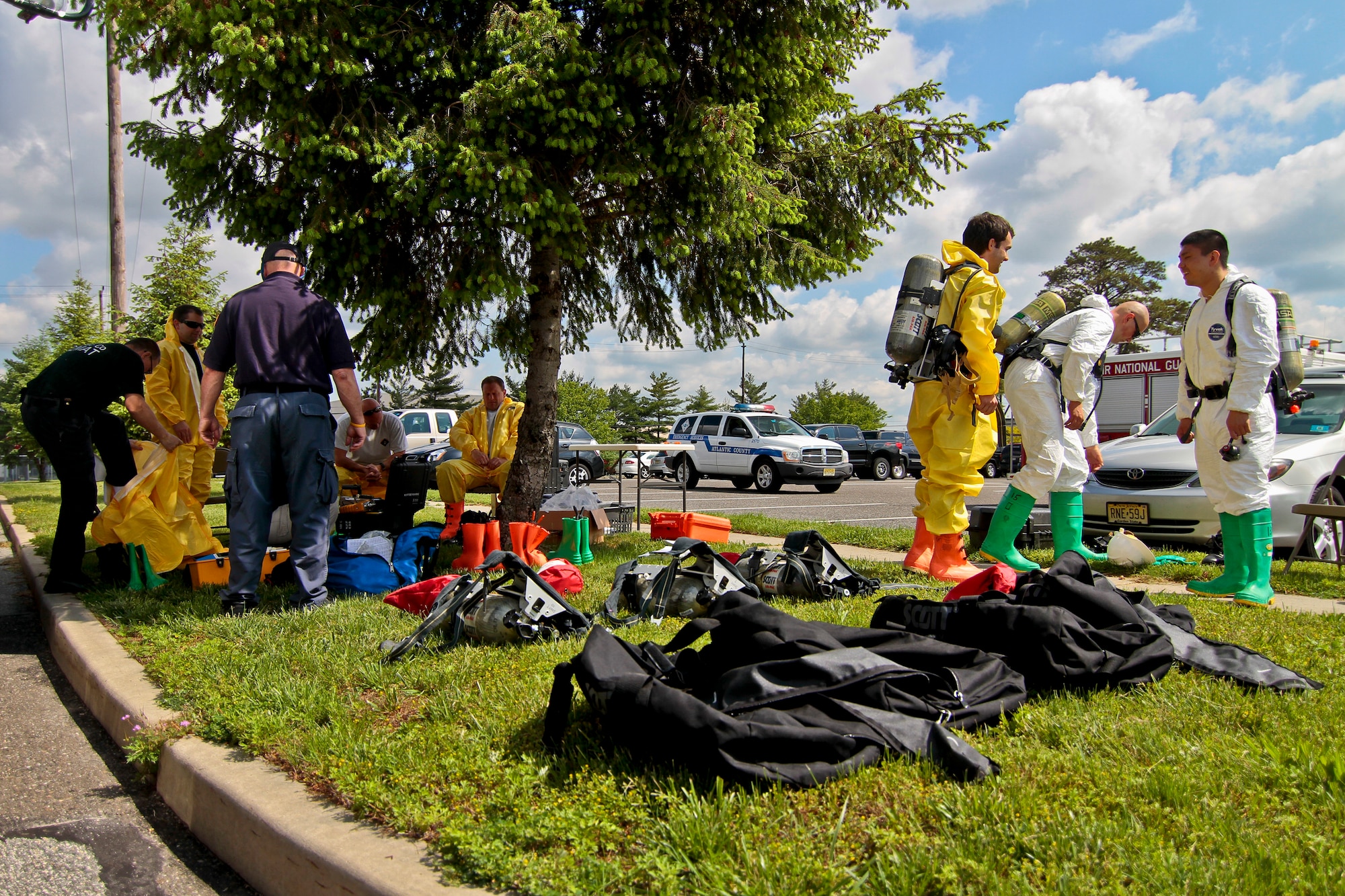 Members of the South Jersey Transportation Authority Fire Department and Atlantic County Hazmat suit up for an exercise on May 10.  The 177th Fighter Wing, located at Atlantic City International Airport, NJ, hosted the training with local agencies.  U.S. Air Force photo/Tech. Sgt. Matt Hecht
