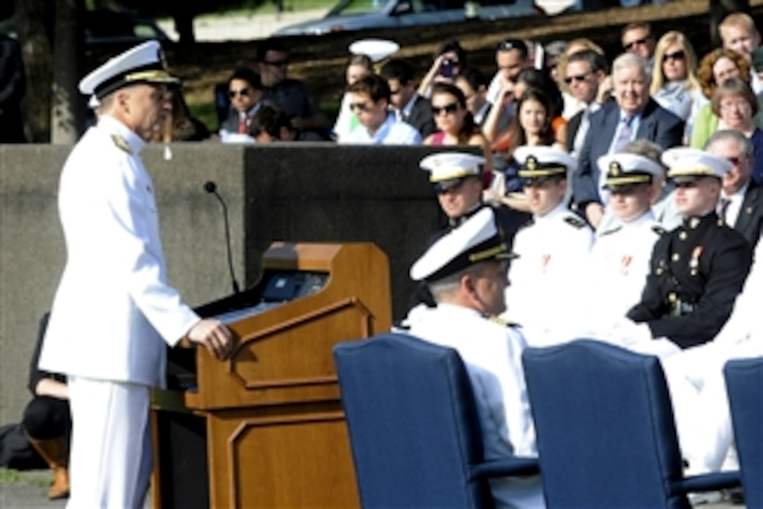 Navy Adm. James A. Winnefeld Jr., vice chairman of the Joint Chiefs of Staff, addresses the graduating class of 27 midshipmen from The George Washington University Naval Reserve Officer Training Corps before commissioning them during a ceremony at the Iwo Jima Memorial in Arlington, Va., May 18, 2012. More than 200 family and friends joined the Navy and Marine Corps graduates and senior leaders at the event.