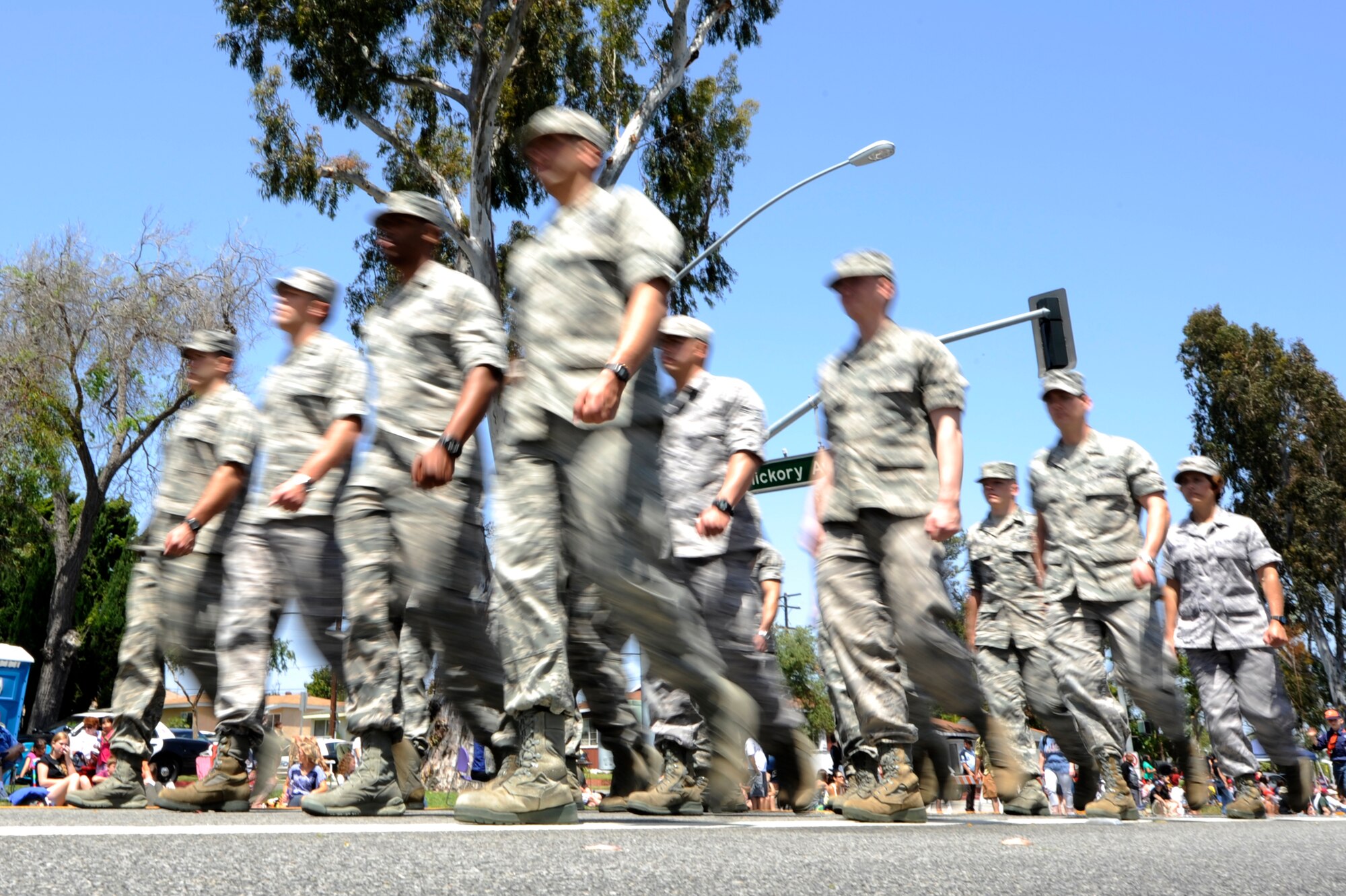 TORRANCE, Calif. -- Team V Airmen march during the 53rd Annual Armed Forces Day Parade here Saturday, May 19, 2012. Approximately 325 Airmen from Vandenberg Air Force Base, Los Angeles AFB and Edwards AFB marched in the parade of more than 100,000 onlookers. (U.S. Air Force photo/Staff Sgt. Andrew Satran) 
