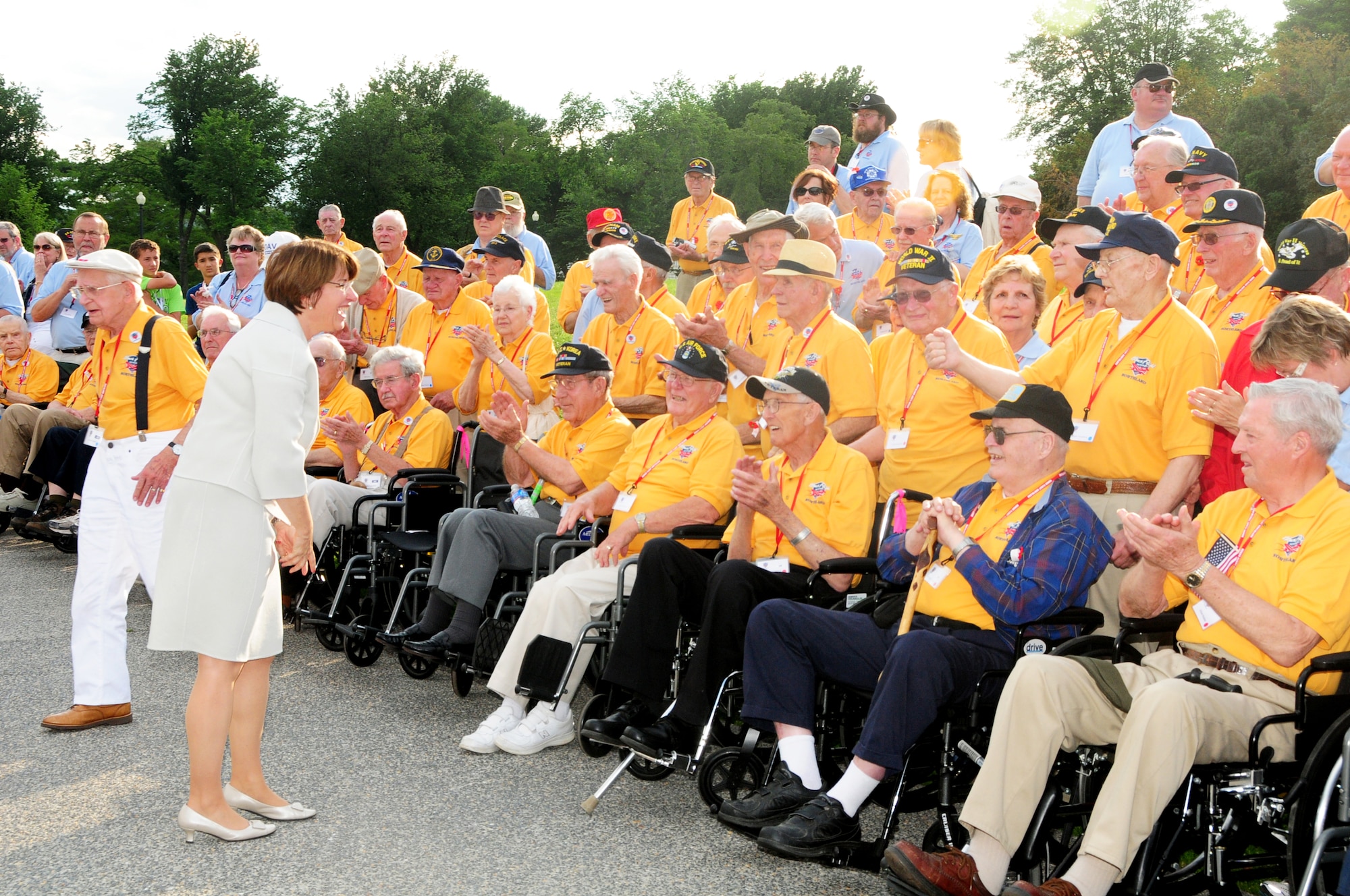 U.S Senator Amy Klobuchar greets 85 World War II veterans at the Lincoln Memorial, Washington D.C. Tuesday May 15, 2012 during their day tour.  Senators Klobuchar and Franken expressed their gratitude to the veterans for their service and sacrifices.  (National Guard photo by Tech. Sgt. Scott G. Herrington.)