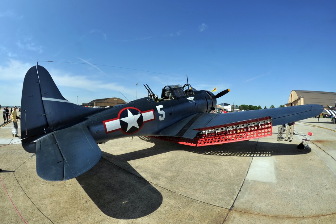 A U.S. Marine Corp SBD Dauntless is displayed during the Joint Service Open House at Base Andrews, Md., May 19. The SBD Dauntless operated as a dive bomber during WWII. The Dauntless rugged reliability assisted in it being credited with sinking more Japanese ships during combat operations. (U.S. Air Force photo /Tech. Sgt. Raymond Mills)
