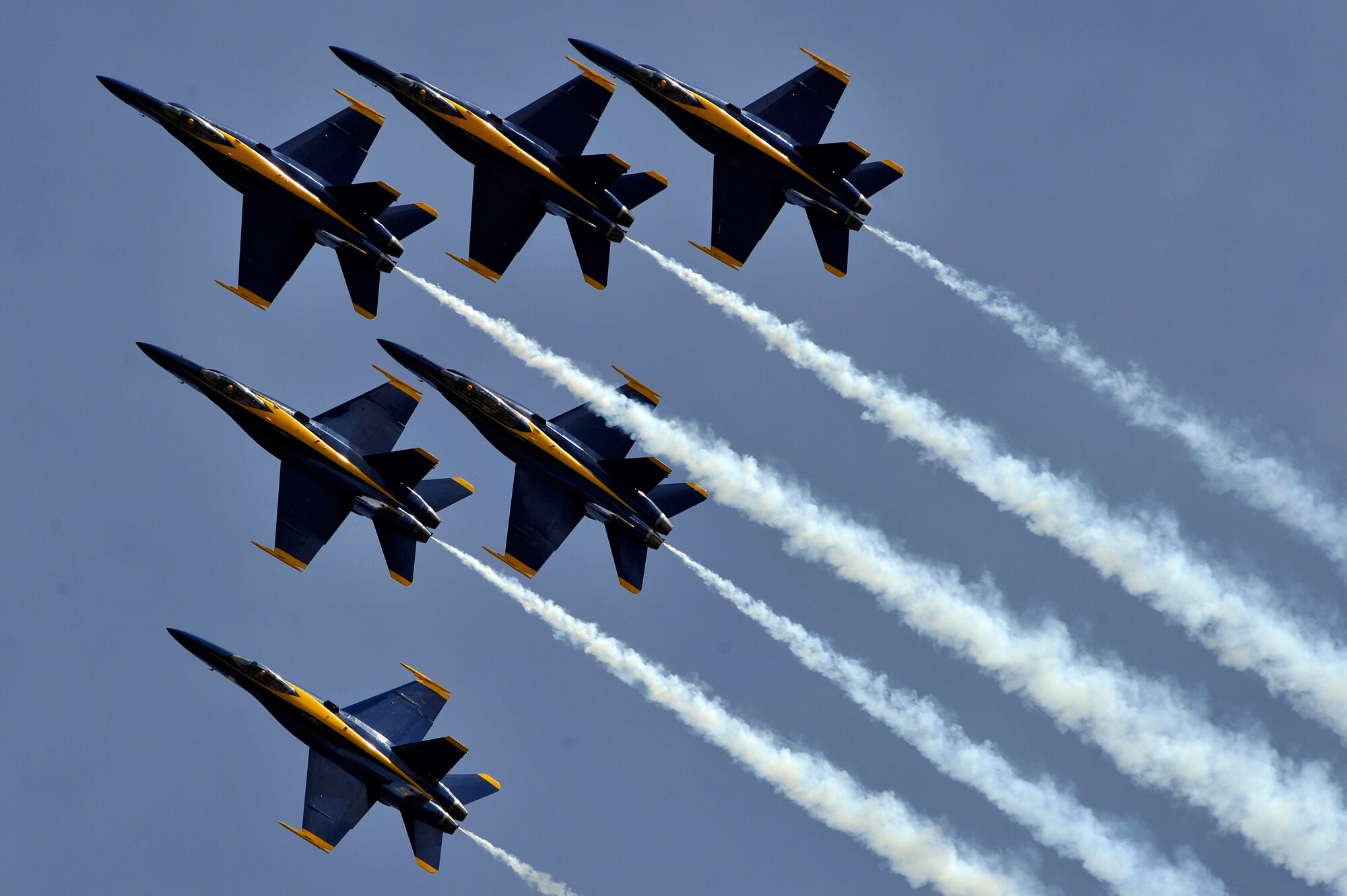 The United States Navy Blue Angels demonstration team performs during the Joint Service Open House, May 18, 2012 at Joint Base Andrews, Md. This year's Joint Service Open House celebrates the Centennial of Marine Corps Aviation. JSOH affords the public an opportunity to meet the men and women of the Armed Forces while viewing over 100 static displays and 19 aerial demonstration teams. (U.S. Air Force photo by Senior Airman Perry Aston)