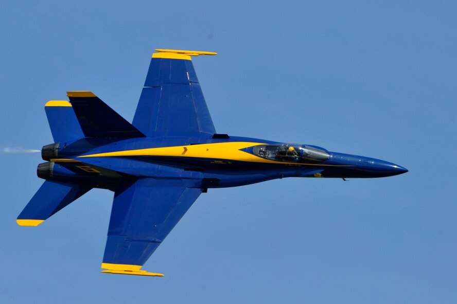 The United States Navy Blue Angels demonstration team performs during the Joint Service Open House, May 18, 2012, at Joint Base Andrews, Md. This year's Joint Service Open House celebrates the Centennial of Marine Corps Aviation. JSOH affords the public an opportunity to meet the men and women of the Armed Forces while viewing over 100 static displays and 19 aerial demonstration teams. (U.S. Air Force photo by Senior Airman Perry Aston) 
