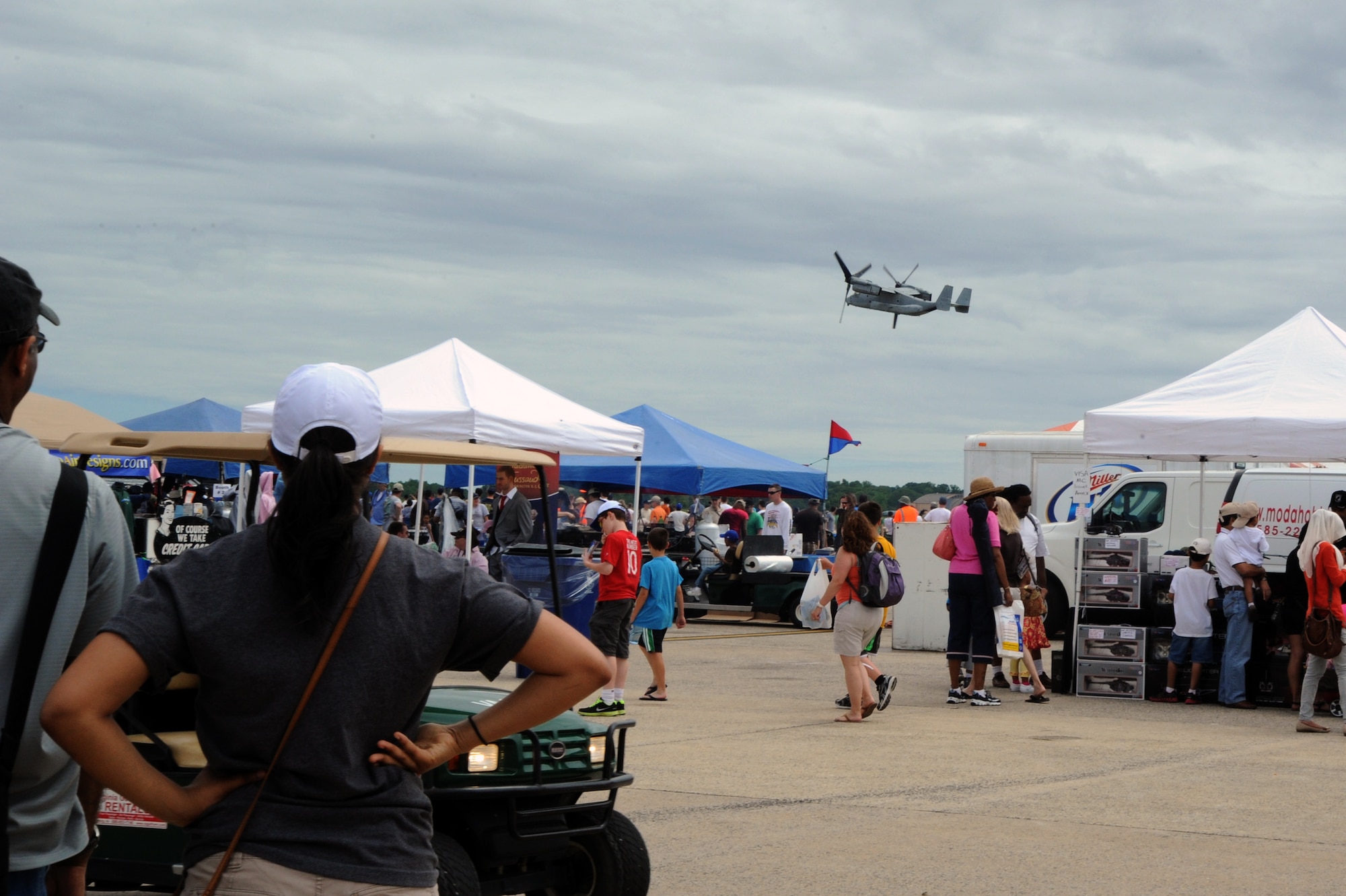 The V-22 Osprey is the newest addition to the Marine Corps’ aviation fleet.  Guests were given a preview of its capabilities during its show performances when it flew down the flight line as a helicopter and back using its airplane capabilities.  The 2012 Joint Service Open House is celebrating 100 years of Marine aviation May 18 – 20 on Joint Base Andrews, Md. In recognition, 72 of the 100 years were represented by Marine static displays flown in from around the country to the base. (U.S. Air Force photo by Airman 1st Class Tabitha N. Haynes)