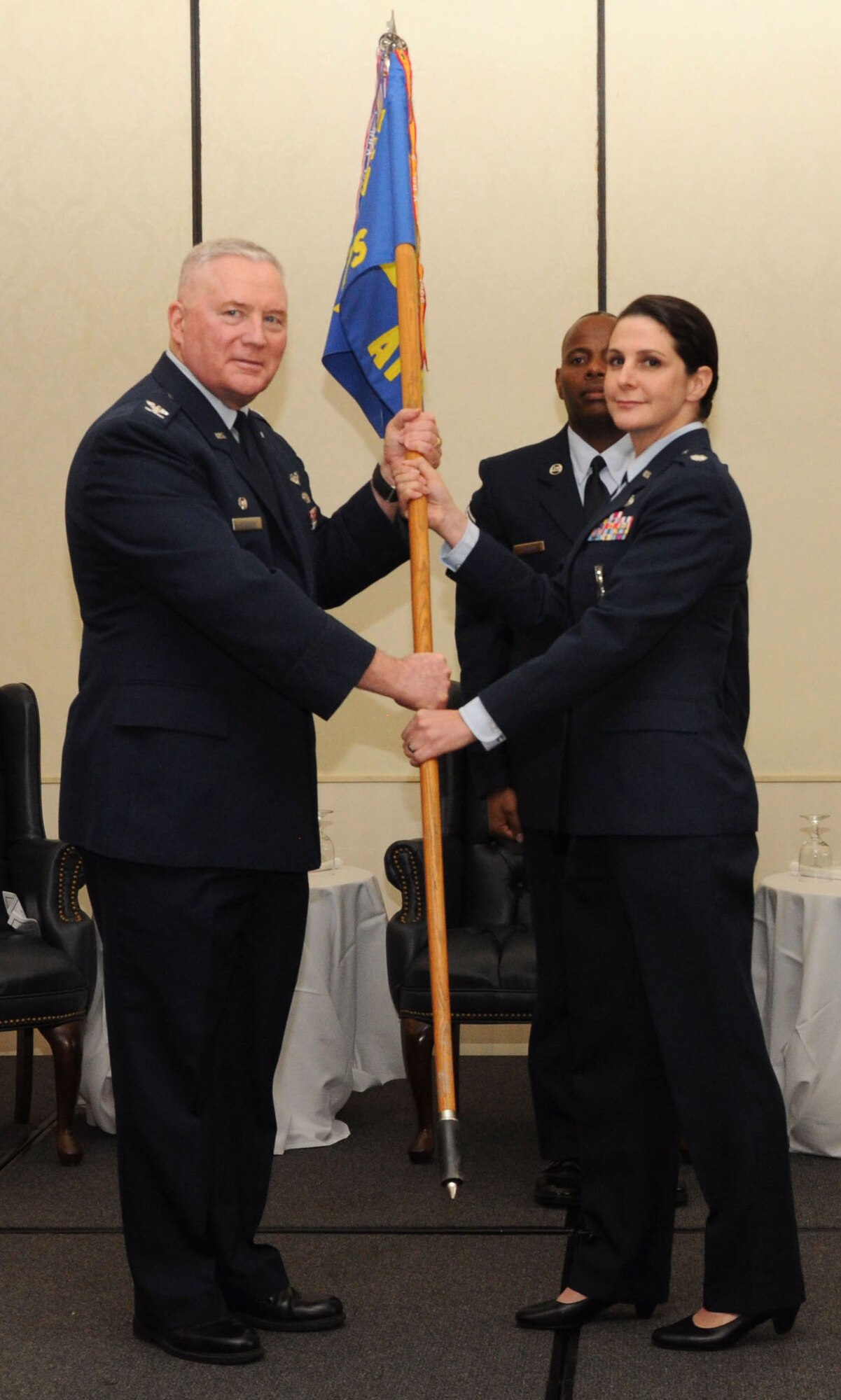 Lt. Col. Heather McCue assumes command of the 81st Aerial Port Squadron here from Col. William Stephens during a change of command ceremony May 19, 2012. Colonel McCue comes to Joint Base Charleston, S.C. from the 27th Aerial Port Squadron at Minneapolis-St Paul Air Reserve Station, Minn. Colonel Stephens is the commander of the 315th Mission Support Group at Joint Base Charleston, S.C. (U.S. Air Force Photo/Staff Sgt. Shane Ellis)