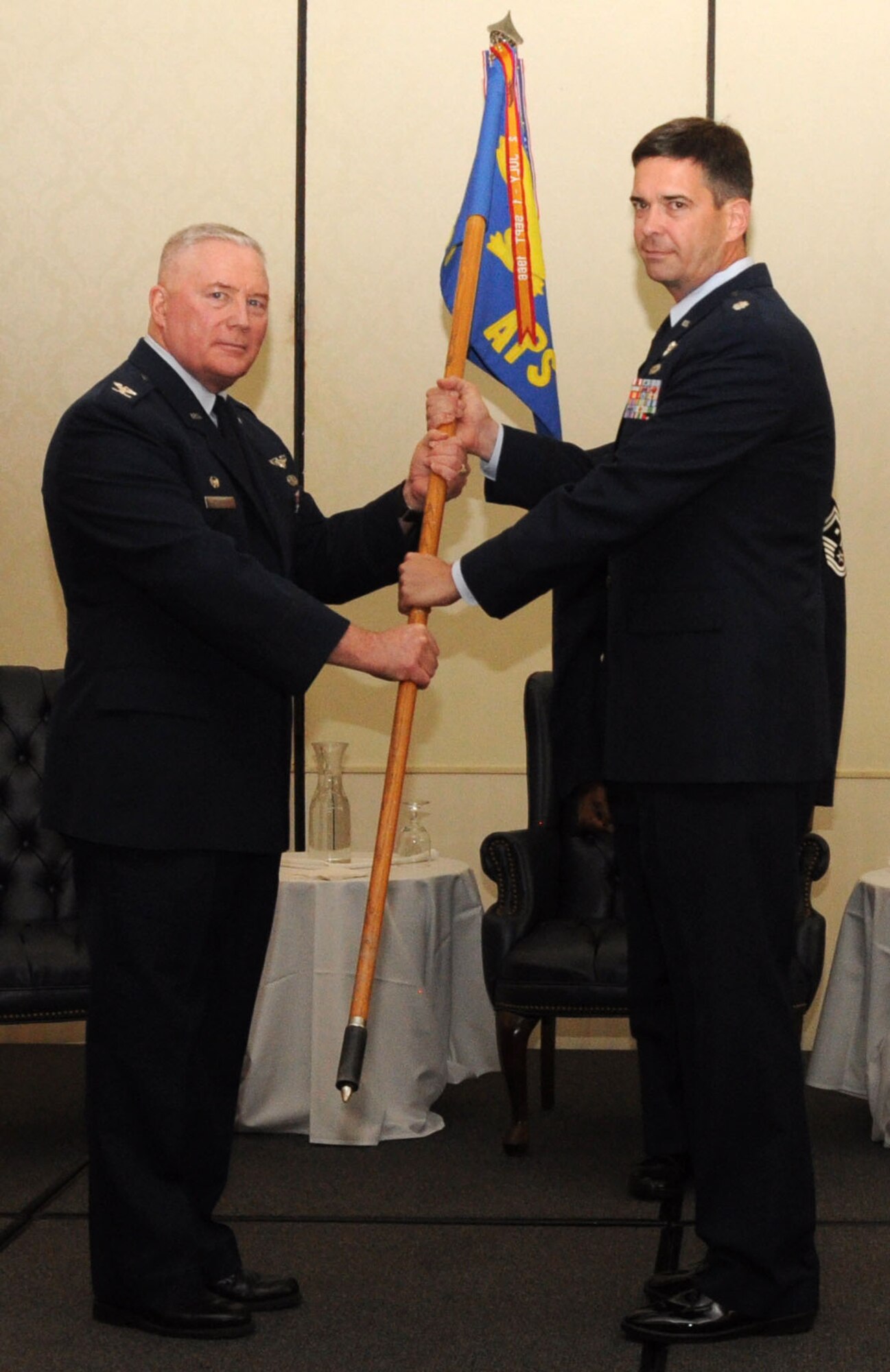 Lt. Col. Charles Drouillard relinquished his position as commander of the 81st Aerial Port Squadron here to Col. William Stephens during a change of command ceremony May 19, 2012. Colonel Drouillard’s retirement closed out 25 years of distinguished military service in the U.S. Air Force. Colonel Stephens is the commander of the 315th Mission Support Group at Joint Base Charleston, S.C. (U.S. Air Force Photo/Staff Sgt. Shane Ellis)