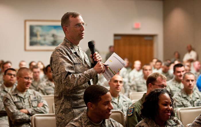 U.S. Air Force Lt. Col. Brian Morrison, 57th Adversary Tactics Group deputy commander, asks a question to Catherine Cortez Masto, Nevada attorney general, and Holly Petraeus, Consumer Financial Protection Bureau servicemember affairs director, concerning consumer financial fraud, during a town hall meeting May 16, 2012, at Nellis Air Force Base, Nev. The discussion allowed Airmen the chance to voice their concerns about financial issues that servicemembers are facing today. (U.S. Air Force photo by Staff Sgt. Christopher Hubenthal)
