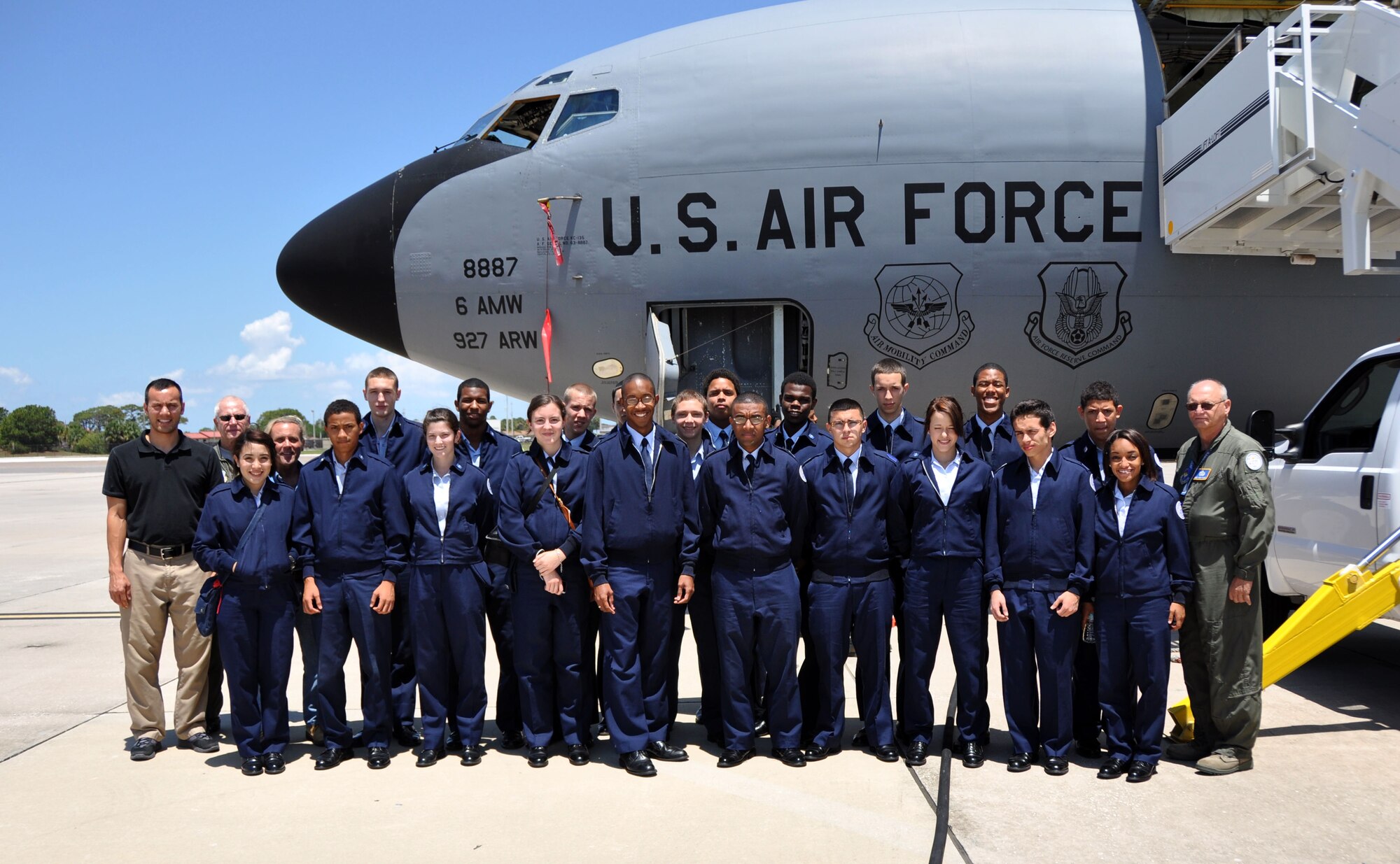 MACDILL AIR FORCE BASE, Fla. – Cadets from (????) saw a sight many people never get to see – two planes in flight, feet apart, conducting an aerial refueling.  Refueling is the mission of the 927th Air Refueling Wing, a reserve unit stationed here.  The cadets boarded the KC-135 Stratotanker behind them as part of an Junior Reserve Officers Training Corps local flight.  (Official U.S. Air Force photo/Staff Sgt. Shawn Rhodes) 