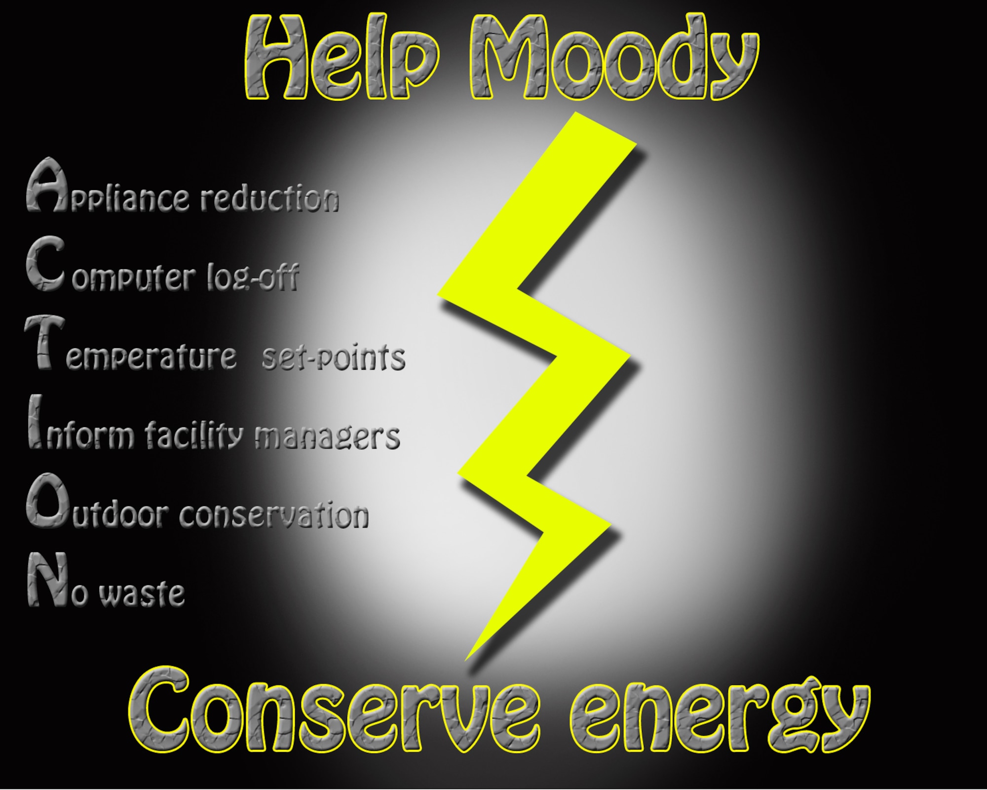 The Department of Defense’s goal for the year is to reduce energy consumption by 21 percent. So far this year, Moody has surpassed that goal with a reduction of 23 percent. However, with the use of air conditioning for the summer months that number could change. Be sure to take A-C-T-I-O-N and help keep energy use down. (U.S. Air Force illustration by Airman 1st Class Douglas Ellis/Released)
