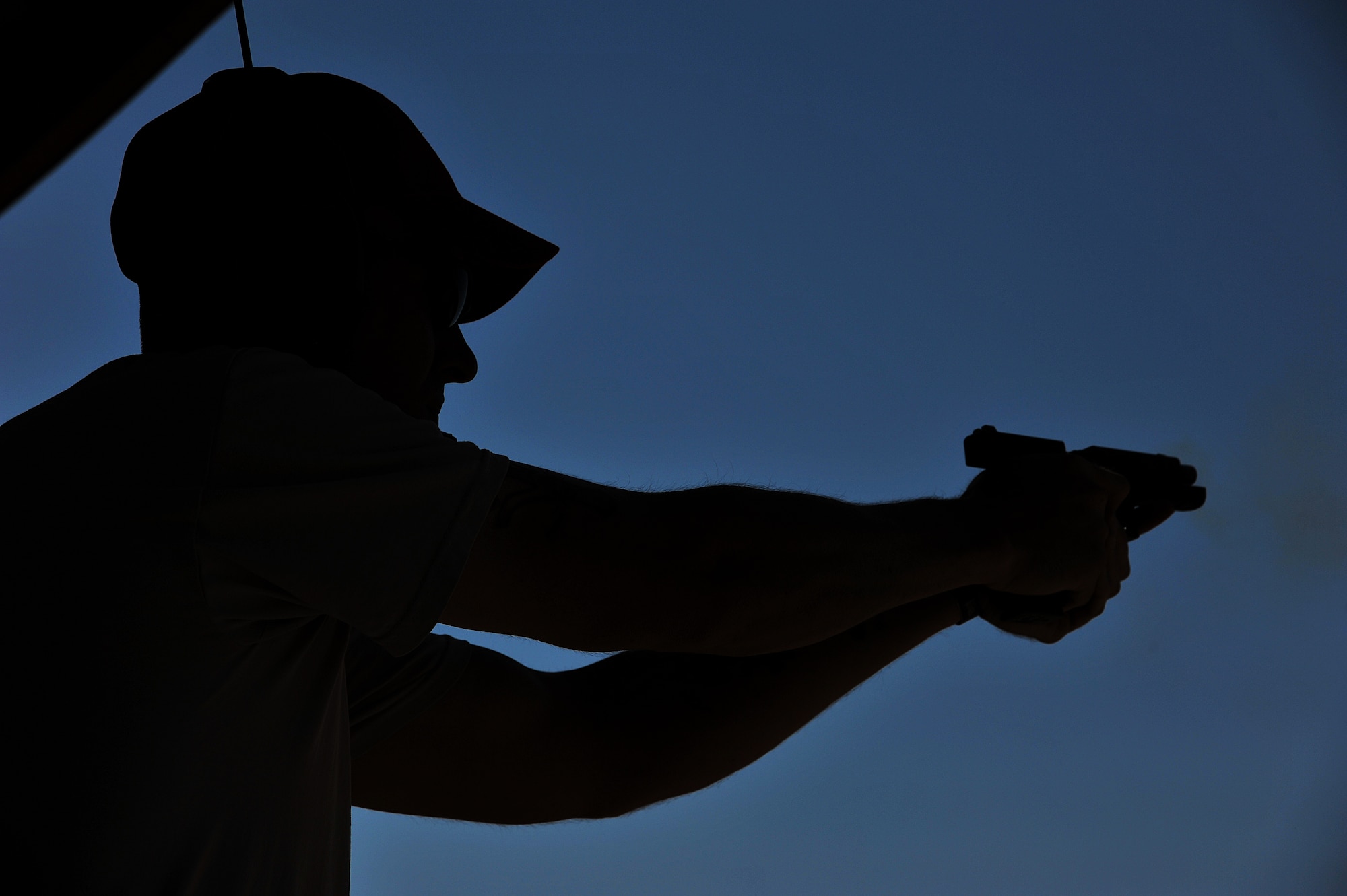 SAN ANGELO, Texas-- Tech. Sgt. Russell Weatherby, 17th Security Forces Squadron, shoots at his target during National Police Week Firearm Competition at the San Angelo Police Department Gun Range May 18. Each team was given a set time limit to shot several shots at a variety of distances to test their capabilities. (U.S. Air Force photo/Airman 1st Class Michael Smith)