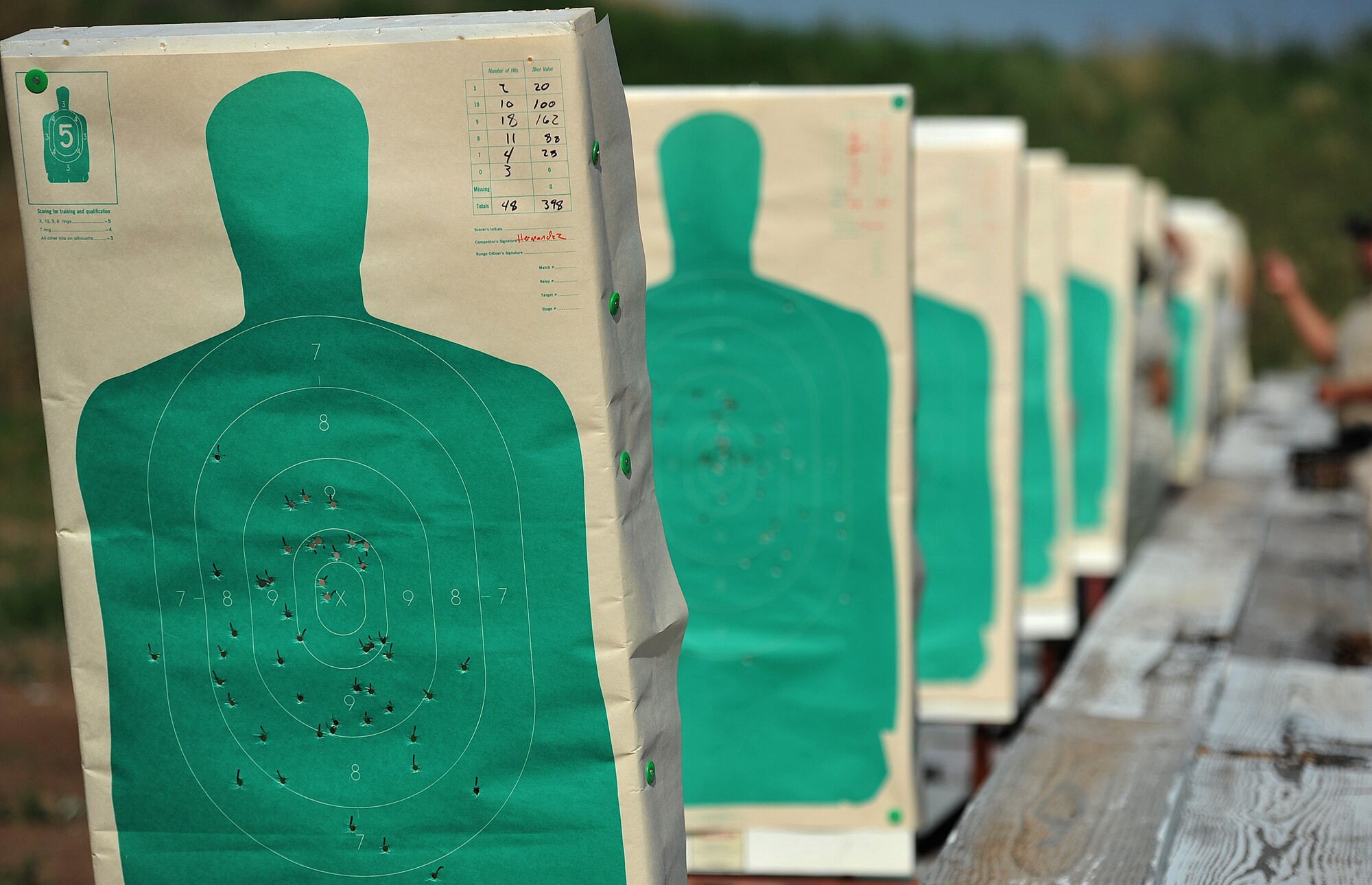 SAN ANGELO, Texas-- A target filled with bullet holes is displayed at the National Police Week Firearm Competition at the San Angelo Police Department Gun Range May 18. Each team was given a set time limit to shot several shots at a variety of distances to test their capabilities. (U.S. Air Force photo/Airman 1st Class Michael Smith)
