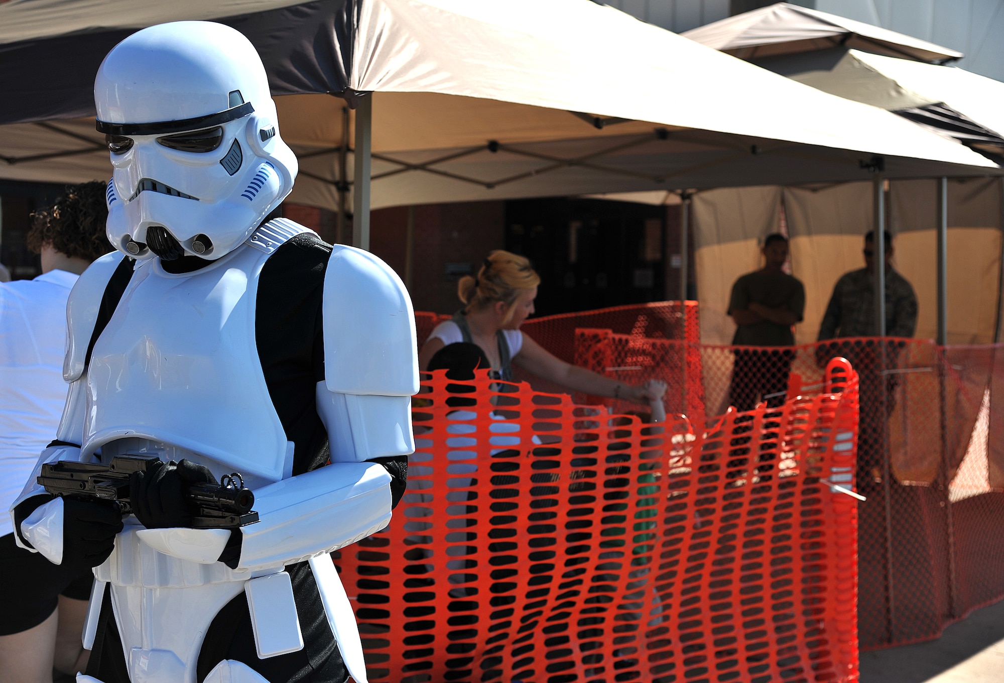 GOODFELLOW AIR FORCE BASE, Texas-- A Stormtrooper stands guard outside the simulated jail during the Jail-N-Bail fundraiser set up by 17th Security Forces Squadron May 17.Team Goodfellow members had the ability to put each other in the simulated jail cell during National Police Week for up to an hour. (U.S. Air Force photo/ Airman 1st Class Michael Smith)