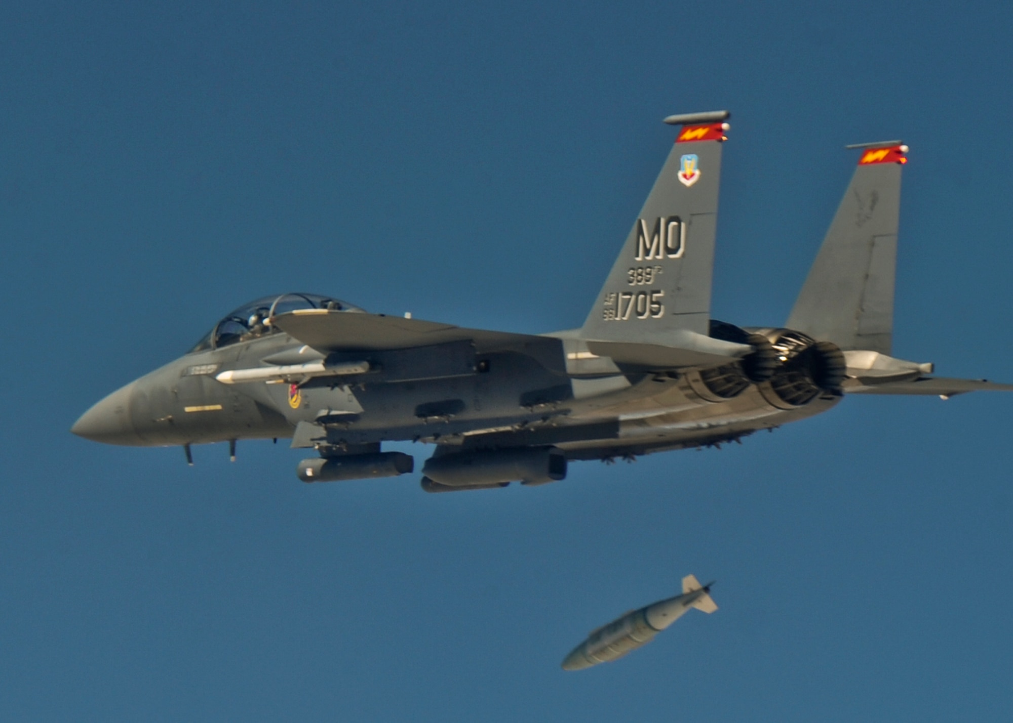 An F-15 from the 389th Fighter Squadron releases a Guided Bomb Unit-31 over the Hill Air Force Base, Utah test range May 8 as part of Combat Hammer, a weapons system evaluation program. Aircraft from many different squadrons were on hand to participate in the air-to-ground evaluation conducted by the 86th Fighter Weapons Squadron, located at Eglin Air Force Base, Fla. The squadron hosts evaluations at Hill, Tyndall and Eglin each year, assessing weapon system performance, reliability, capabilities, and limitations in realistic combat scenarios against representative real-world targets. (Courtesy photo.)