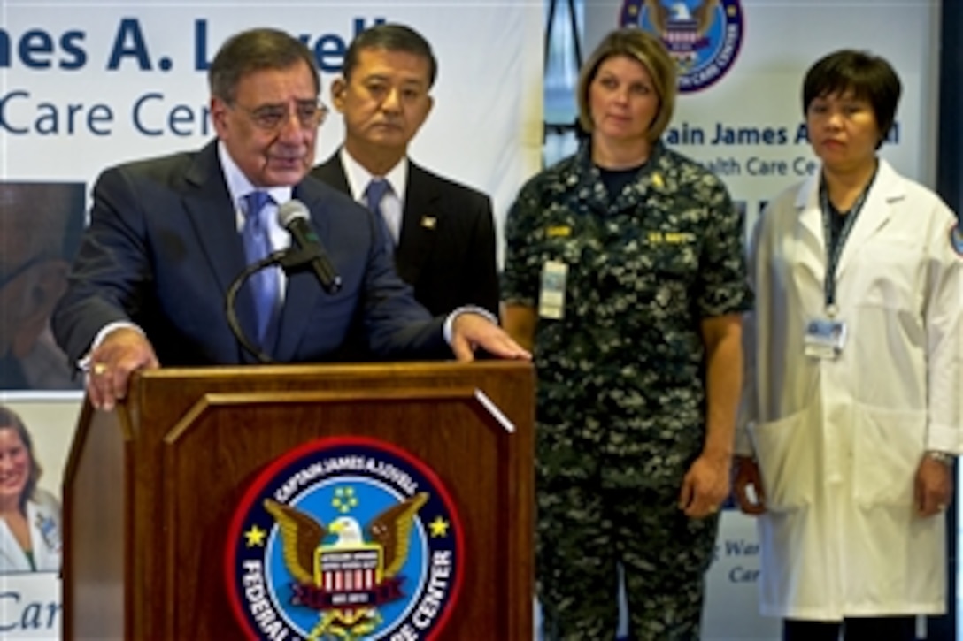 Defense Secretary Leon E. Panetta and Veterans Affairs Secretary Eric K. Shinseki answer questions about their efforts to launch a unique electronic system to combine health records from both departments during a press conference at the Captain James A. Lovell Federal Health Care Center in North Chicago, Ill., May 21, 2012. Panetta and Shinseki toured the facility, which is the first of its kind to bridge the gap between DOD and VA needs by serving active duty service members and retirees.