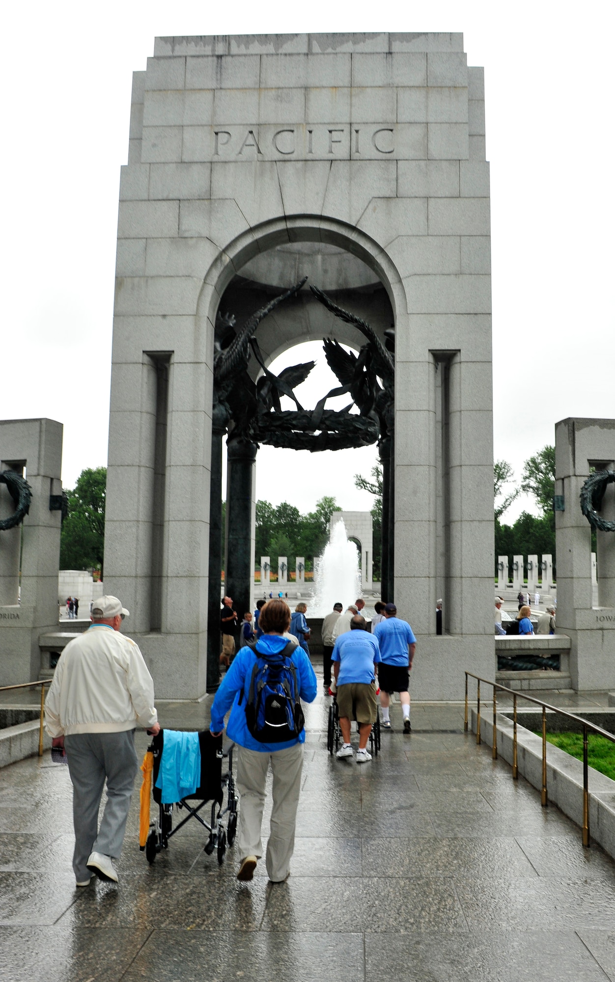 World War II veterans tour the World War II Memorial in Washington D.C. March 21. The trip is part of a program called the Greater St. Louis Honor Flight, a non-profit that takes World War II veteran to the to the memorials.  The WWII memorial honors the 16 million who served in the armed forces of the U.S. during World War II, the more than 400,000 who died, and the millions who supported the war effort from home. Symbolic of the defining event of the 20th Century, the memorial is a monument to the spirit, sacrifice, and commitment of the American people to the common defense of the nation and to the broader causes of peace and freedom from tyranny throughout the world. The memorial opened to the public on April 29, 2004 (U.S. Air Force photograph/ Staff Sgt. Stephenie Wade)