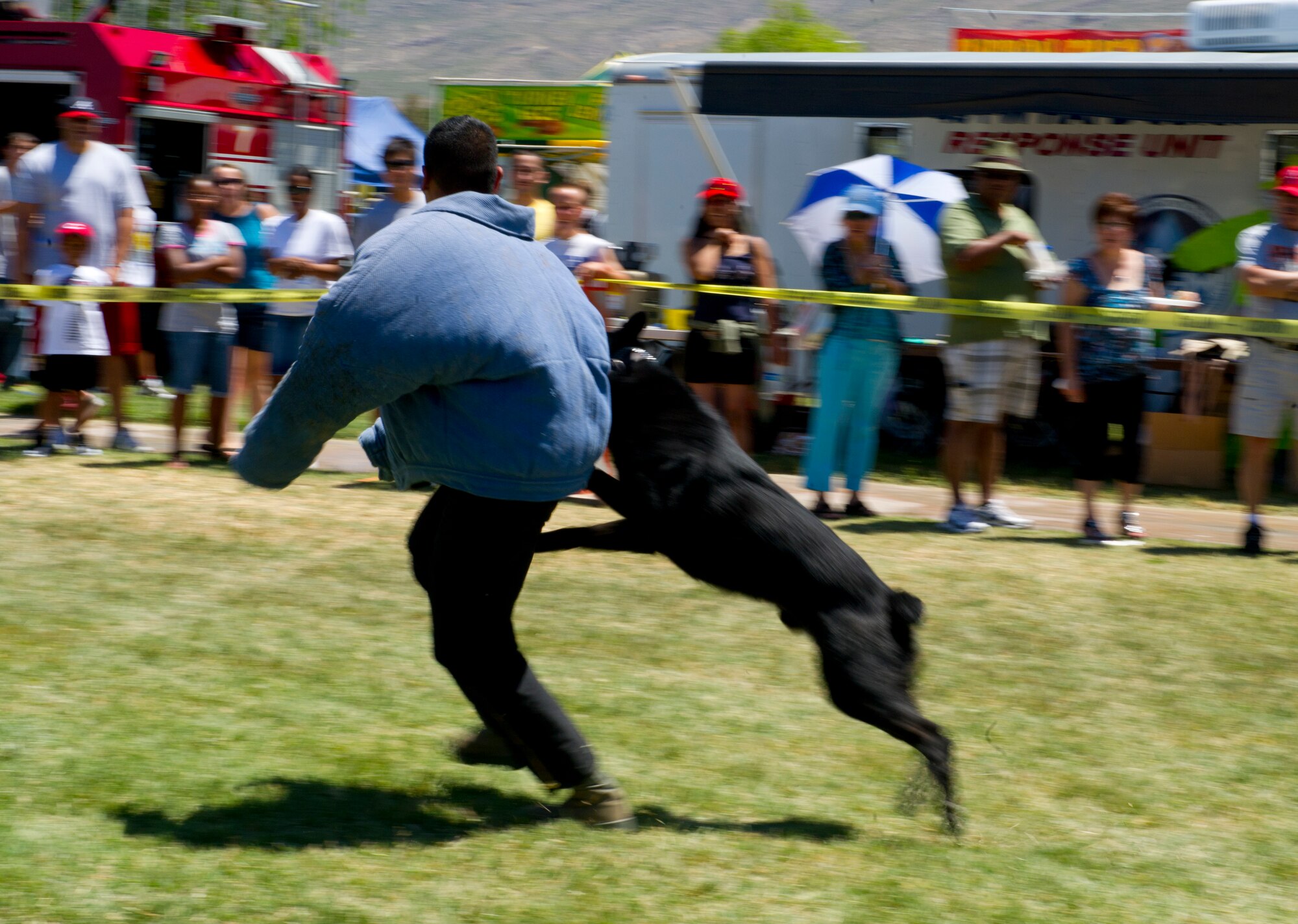 ALAMOGORDO, N.M.—Senior Airman Luis Diaz Garcia, 49th Security Forces Squadron military working dog handler, runs from Vulkan, a 49th SFS working dog, during a demonstration at the Armed Forces Day celebration at Washington Park May 19. The 49th SFS was one of several units who supported the event with a demonstration, showing attendees the various functions and jobs of the military. The event was designed to honor all of the men and women who are currently serving or have served in the armed forces. (U.S. Air Force photo by 2nd Lt. Logan Clark/Released)